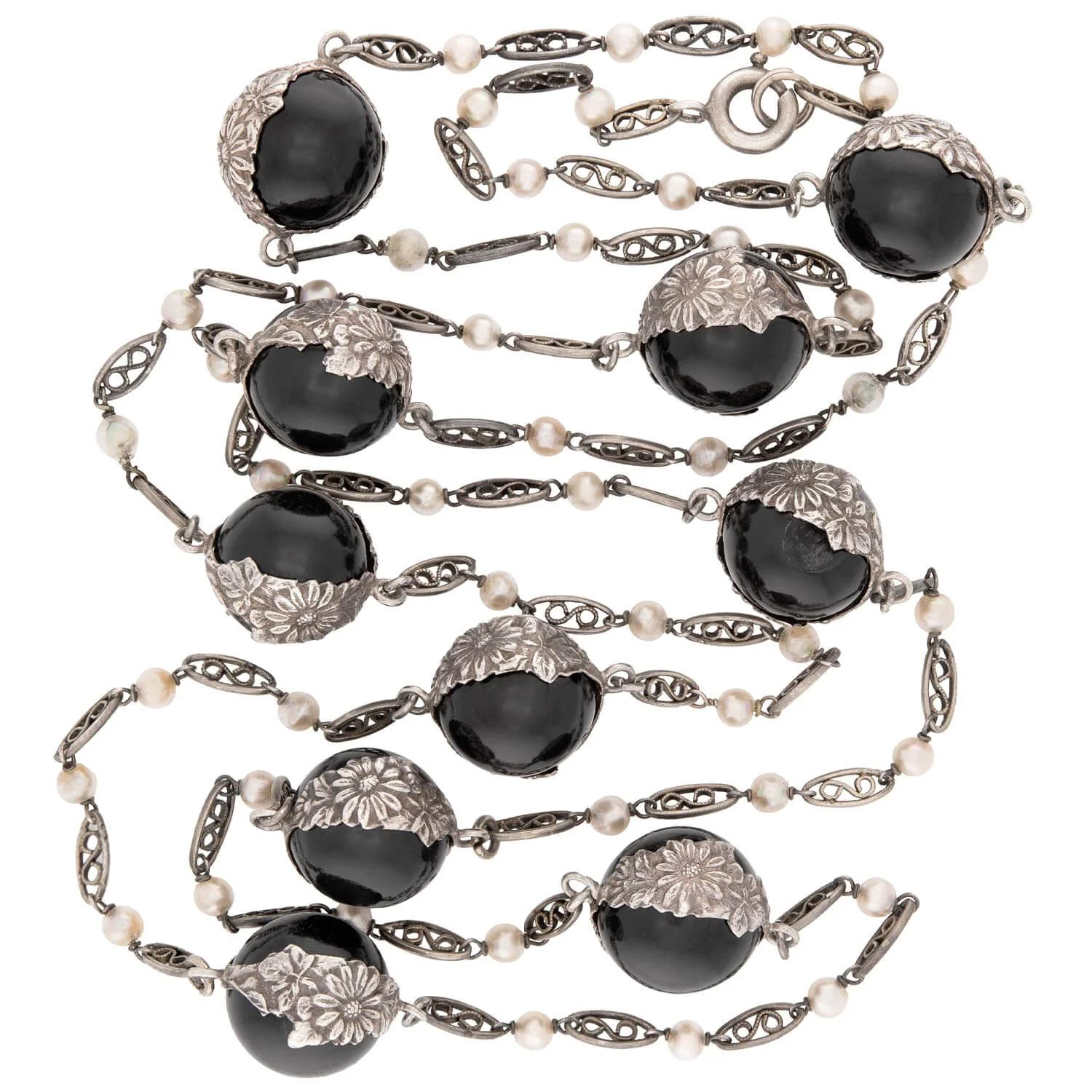 Art Deco Sterling Silver Onyx Pools Of Light Chain Necklace 31"