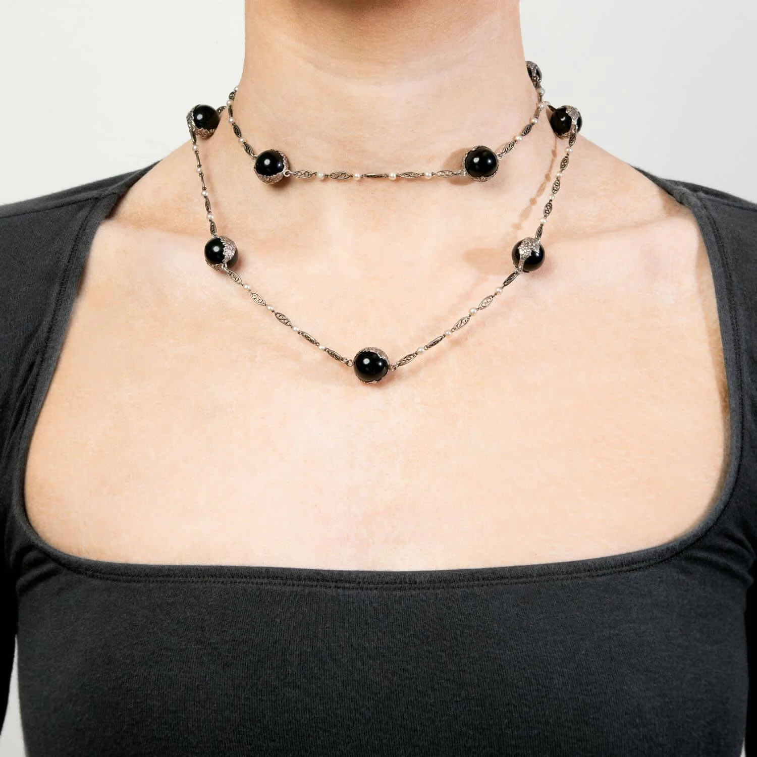 Art Deco Sterling Silver Onyx Pools Of Light Chain Necklace 31" - Image 6
