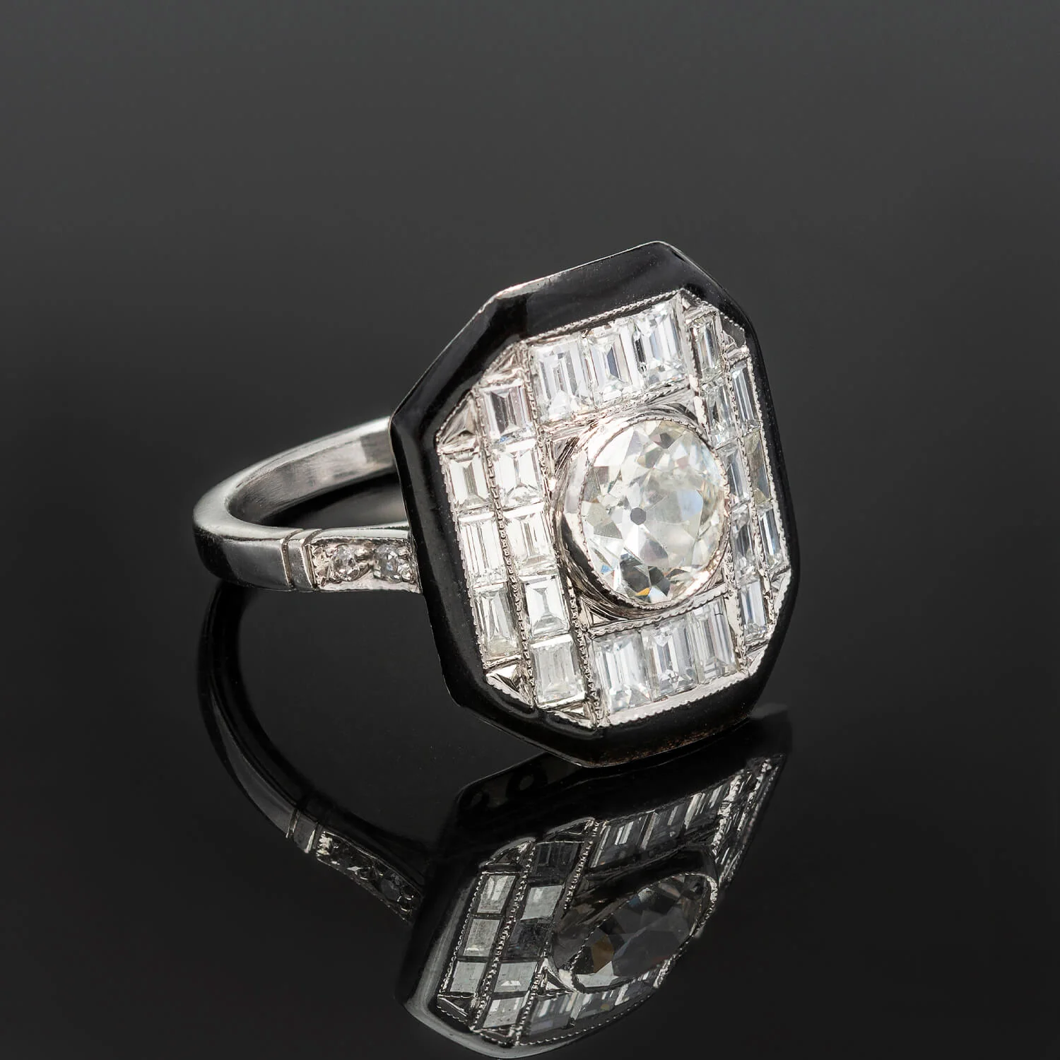 Art Deco Style Platinum, Enamel + Diamond Ring 1ctw Center - Image 4