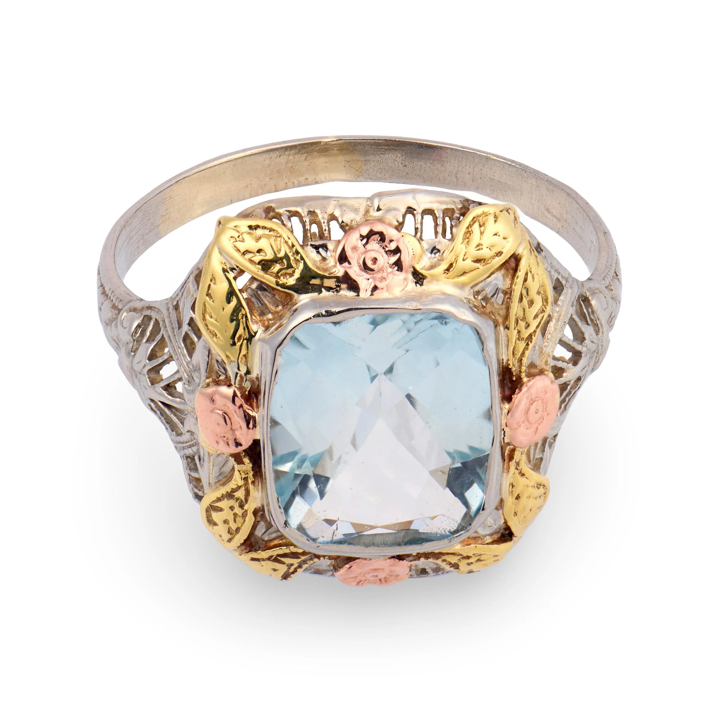 Art Nouveau Mixed Metal 10k 3.50ct Aqua Ring - Image 2