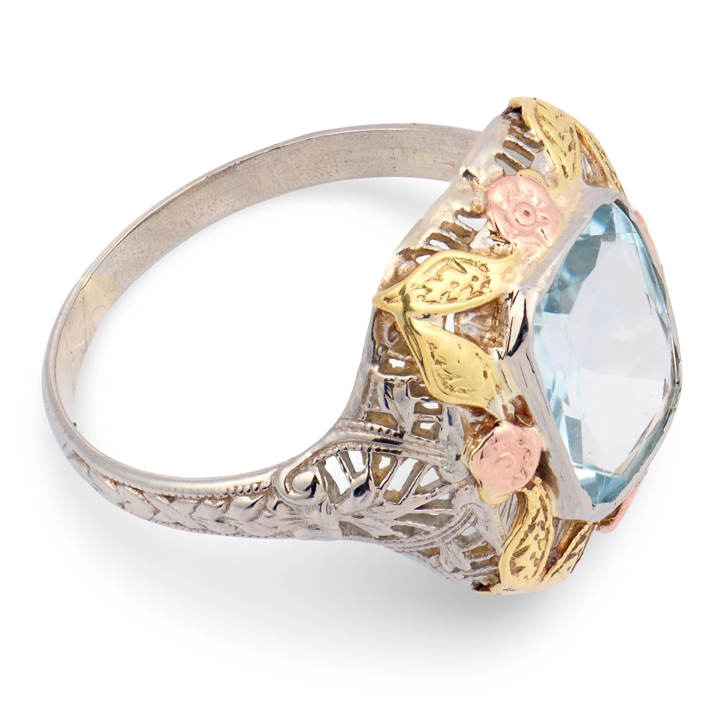 Art Nouveau Mixed Metal 10k 3.50ct Aqua Ring - Image 3