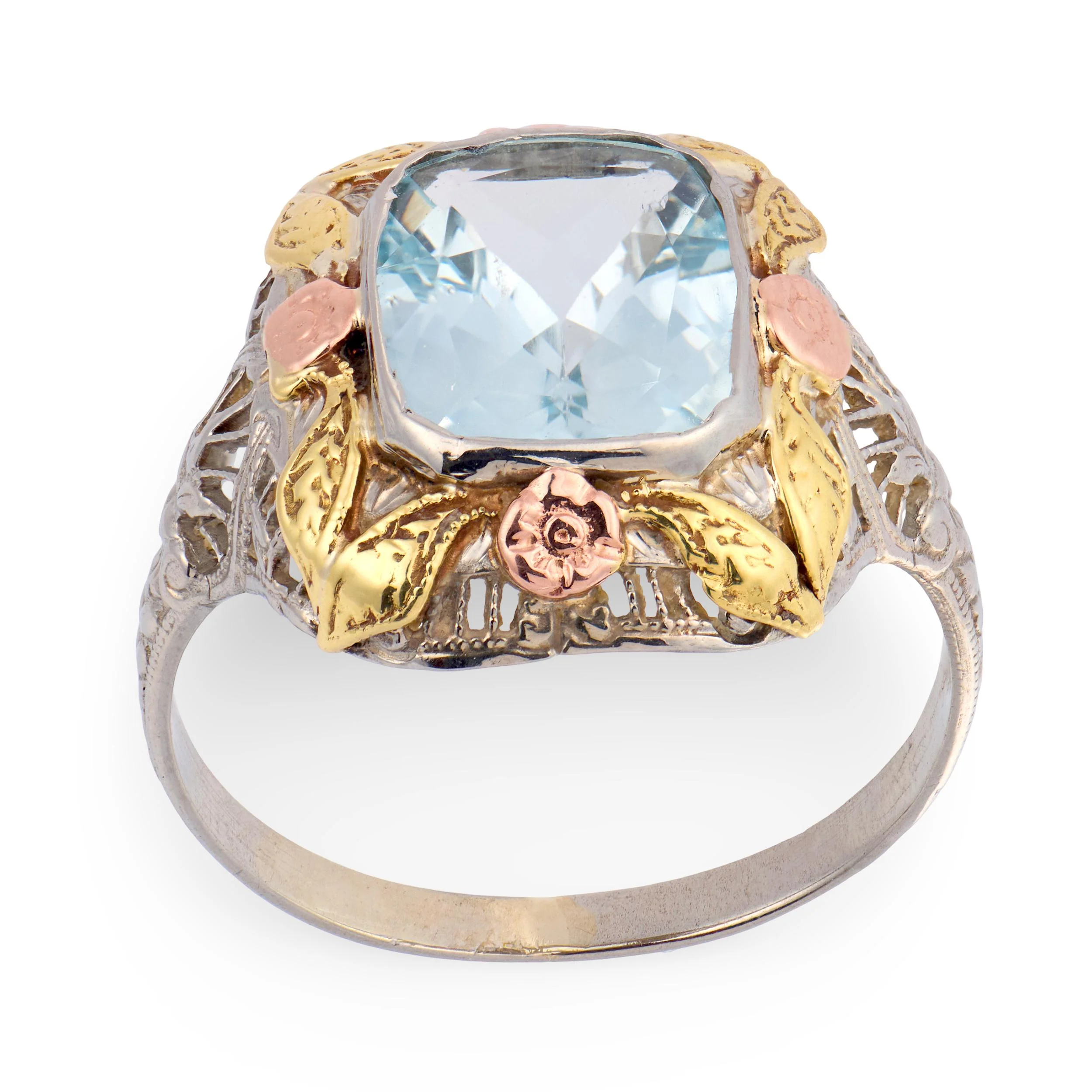Art Nouveau Mixed Metal 10k 3.50ct Aqua Ring - Image 4