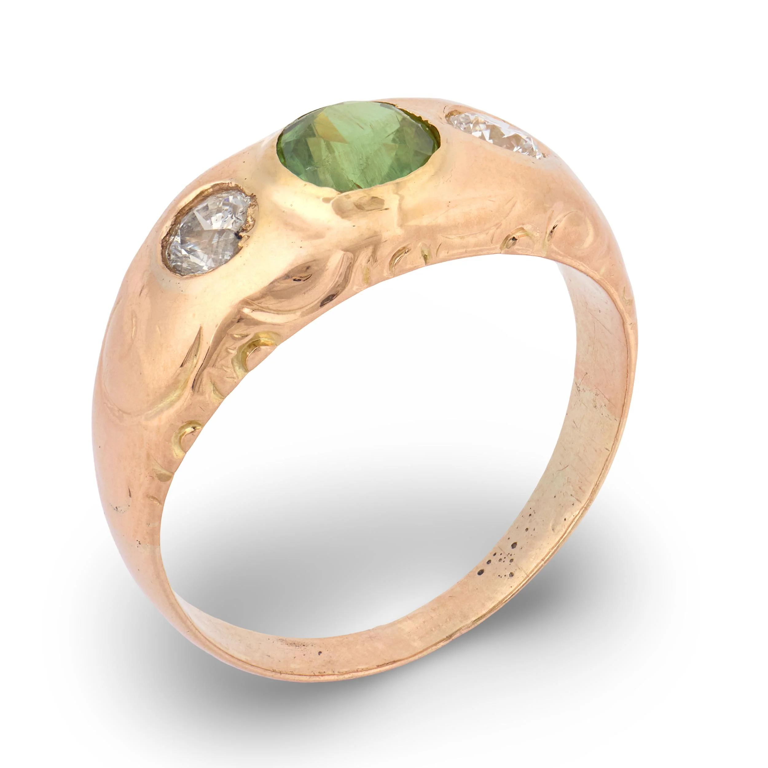 Art Nouveau 14k Demantoid Garnet & Diamond Three Stone Ring - Image 4