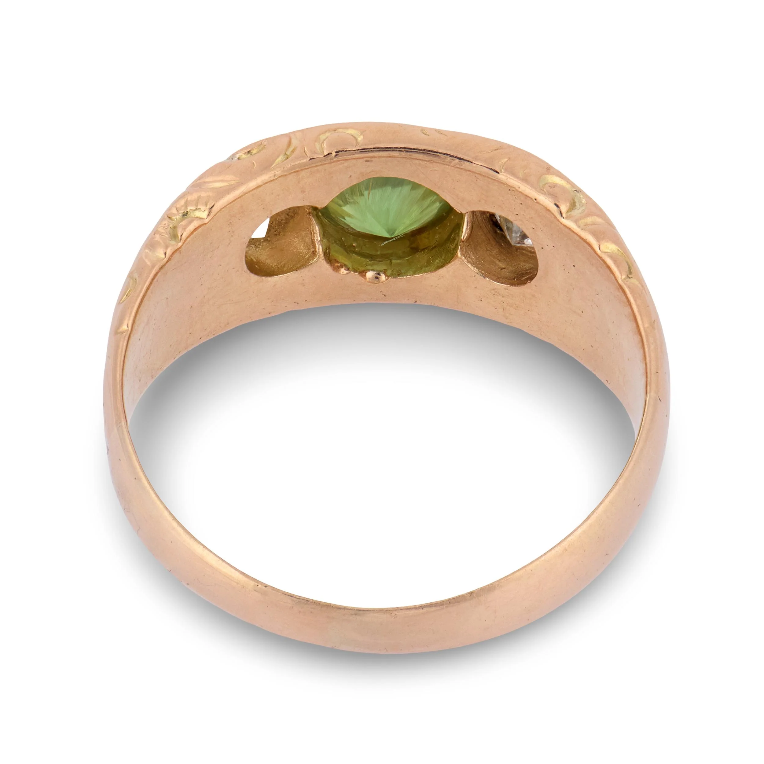 Art Nouveau 14k Demantoid Garnet & Diamond Three Stone Ring - Image 5