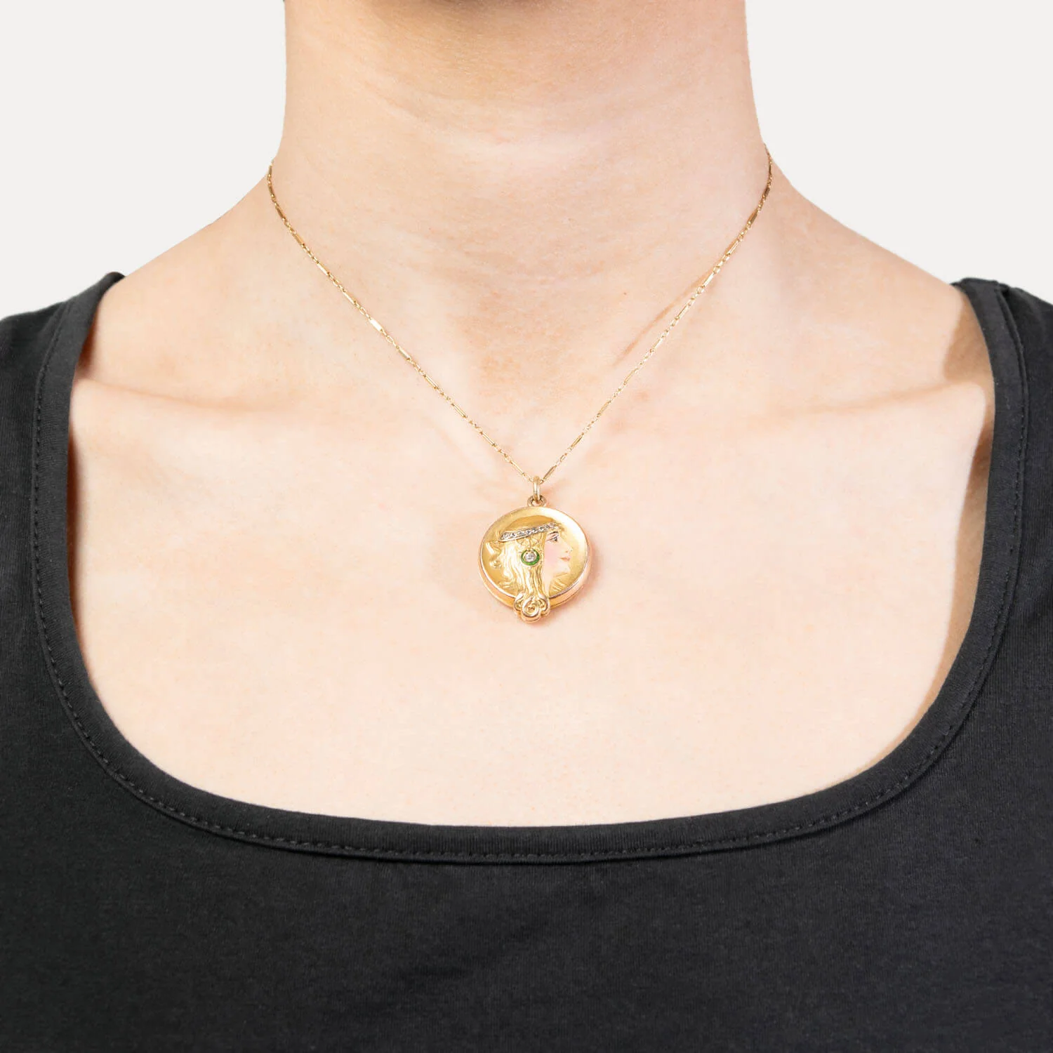 Art Nouveau 14k Diamond and Enamel Lady Locket Pendant - Image 5