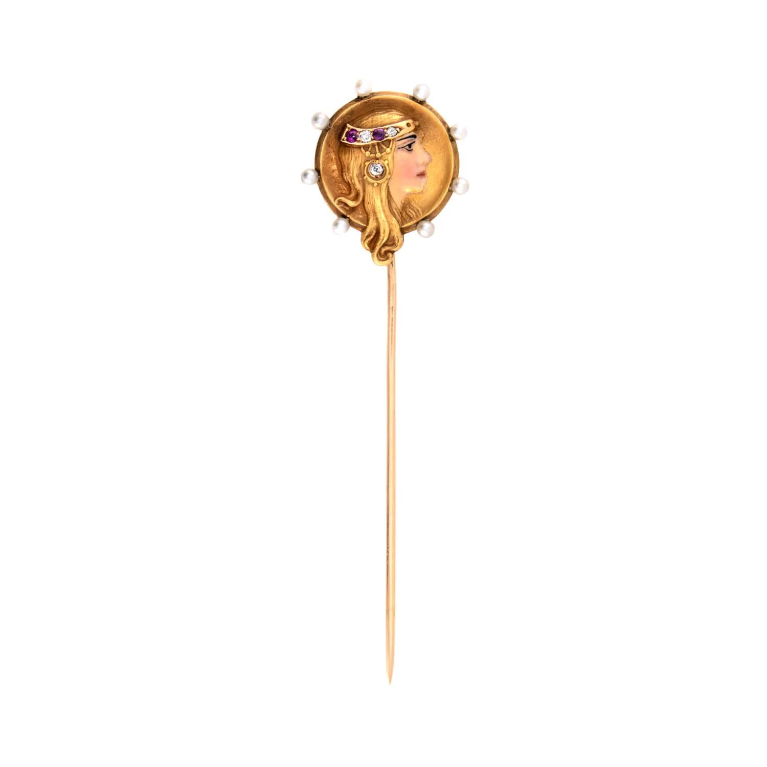 Art Nouveau 14k Enamel, Ruby, Diamond, & Pearl Lady Stick Pin - Image 2