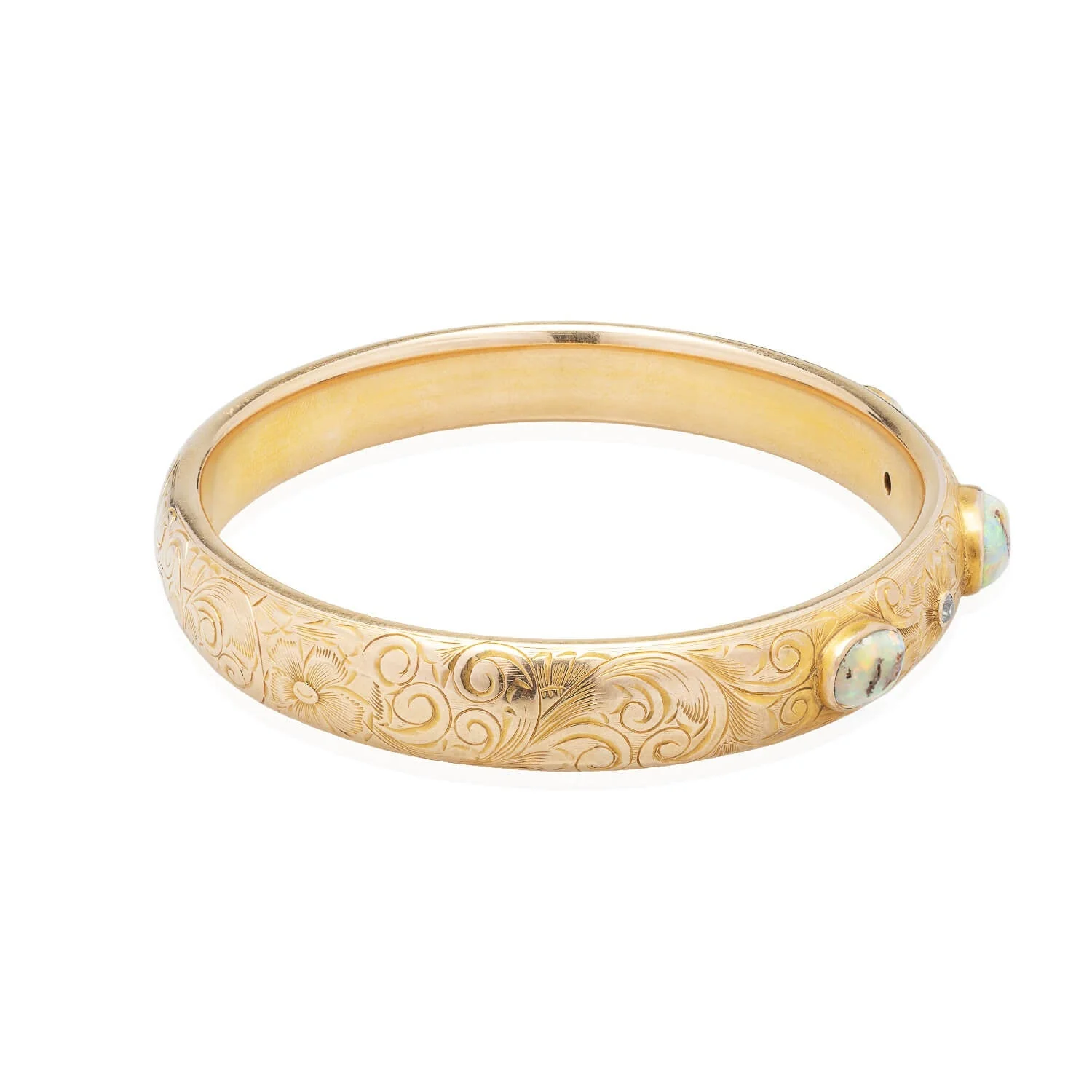 Art Nouveau 14kt Boulder Opal + Diamond Bangle Bracelet - Image 2