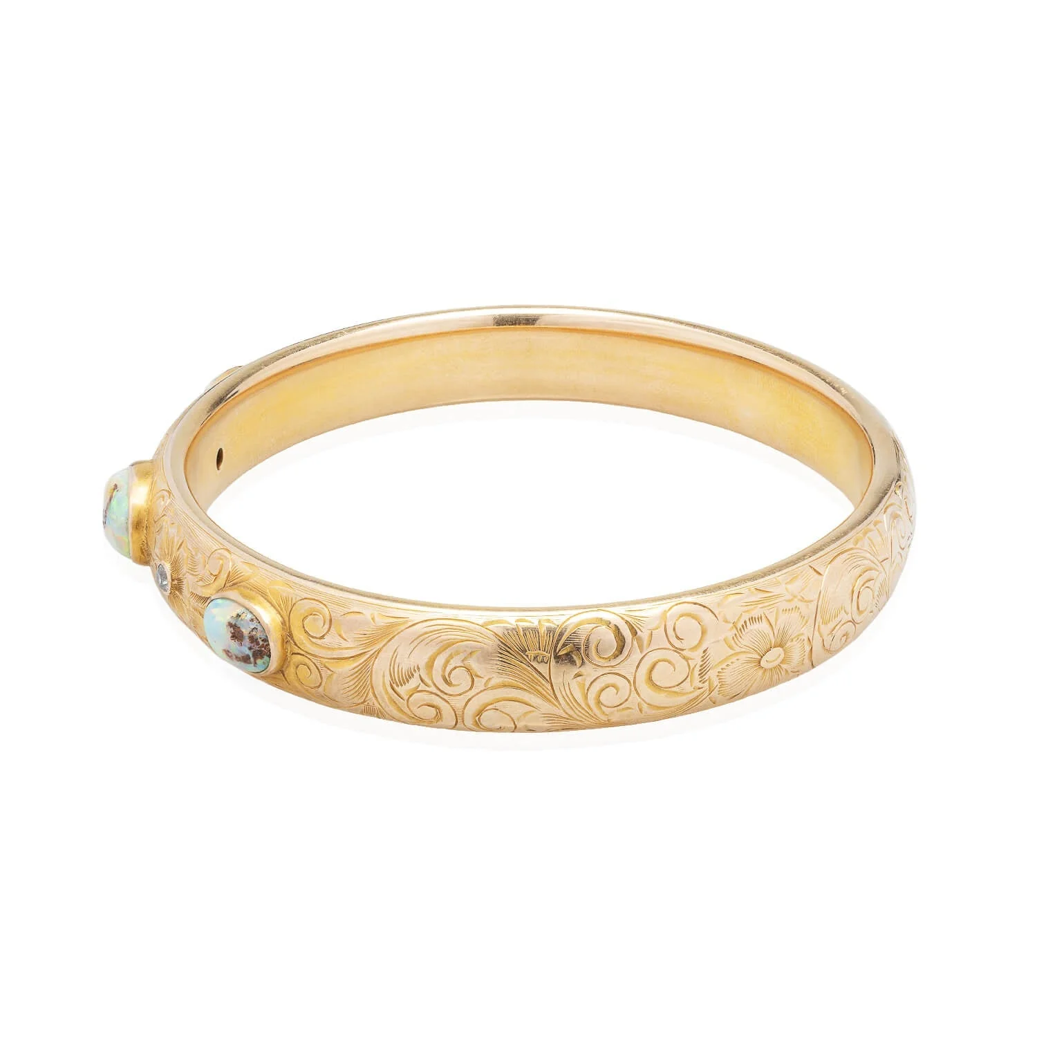 Art Nouveau 14kt Boulder Opal + Diamond Bangle Bracelet - Image 3