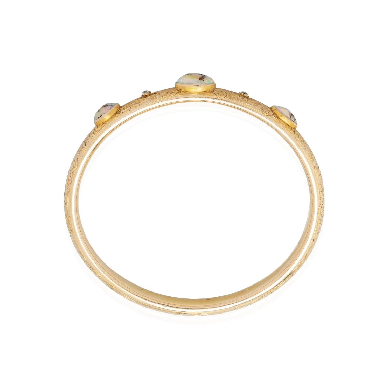 Art Nouveau 14kt Boulder Opal + Diamond Bangle Bracelet - Image 5