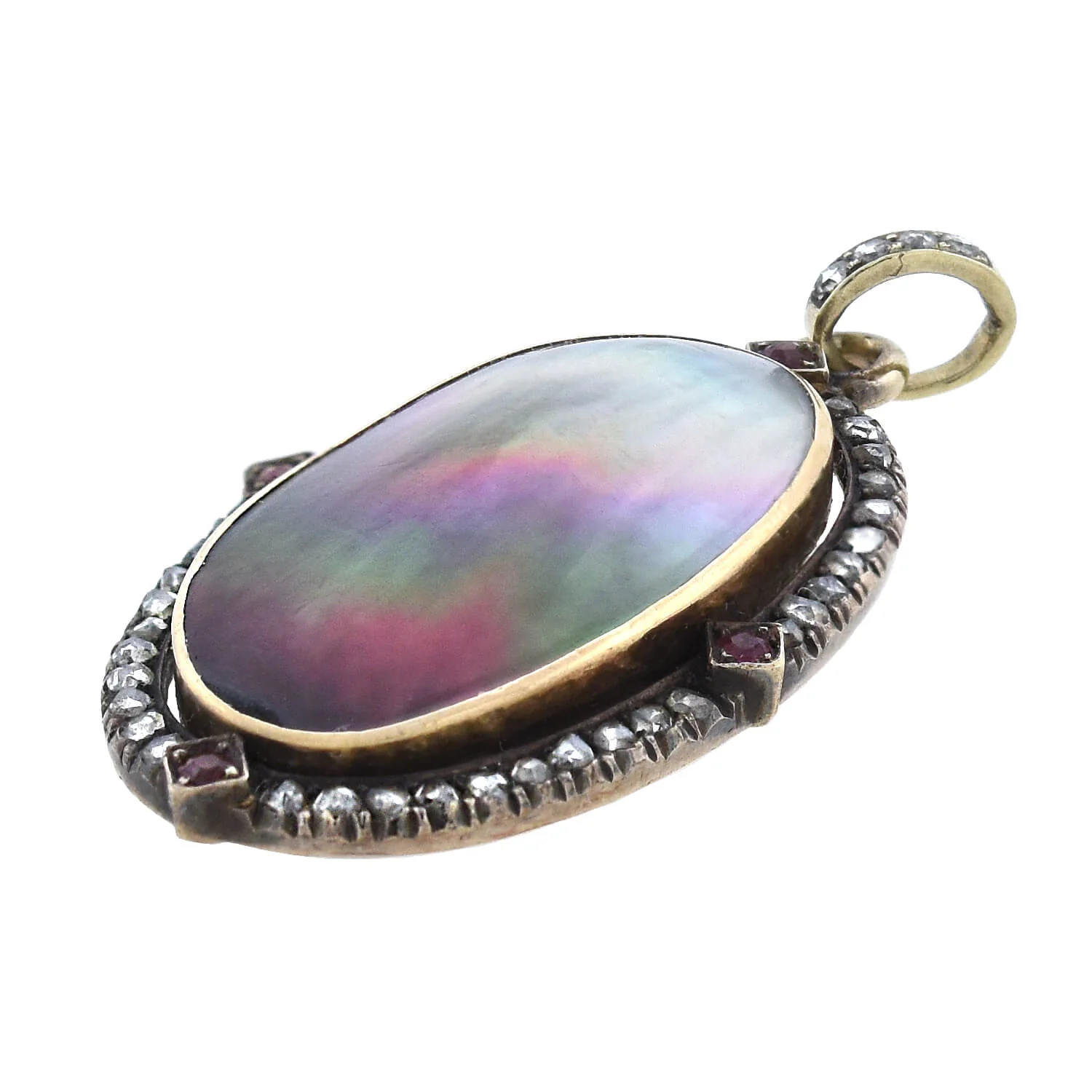 Art Nouveau 14kt Diamond + Ruby Abalone Shell Pendant - Image 2