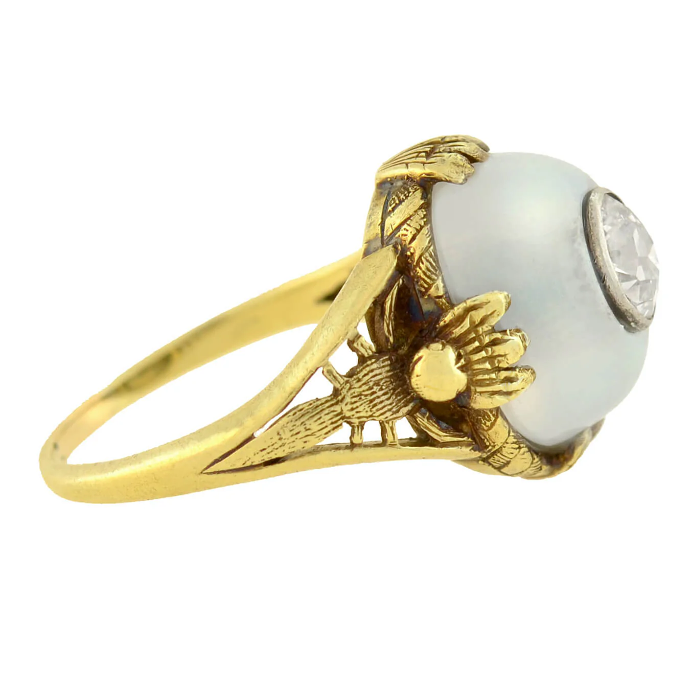 Art Nouveau 14kt Moonstone + Diamond Dragonfly Motif Ring 0.80ct center - Image 2