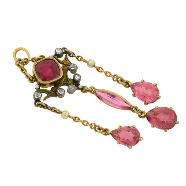 Art Nouveau 14kt Tourmaline & Diamond Lavalier Pendant - Image 2