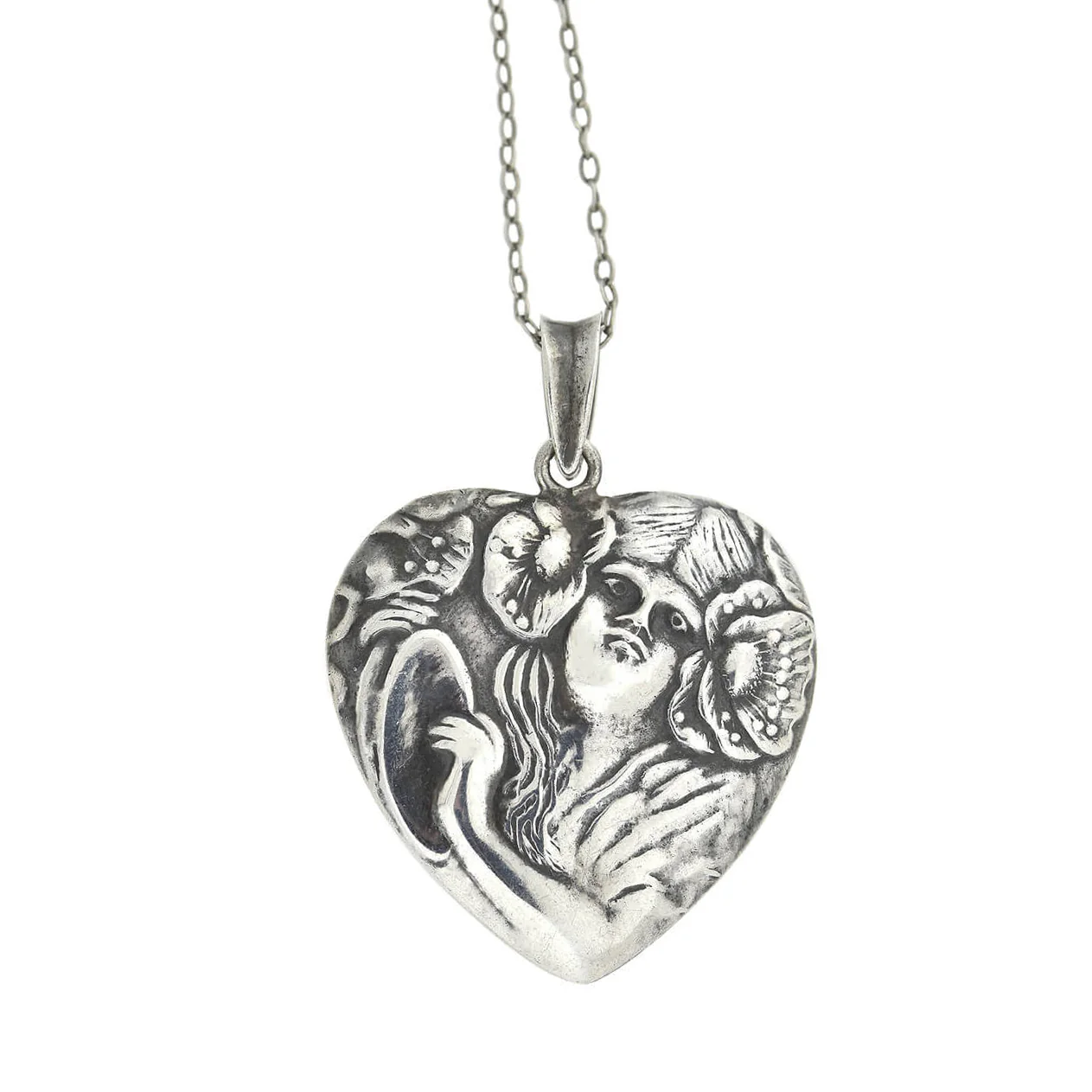 Art Nouveau Sterling Repousse Heart-Shaped Pendant Necklace - Image 5