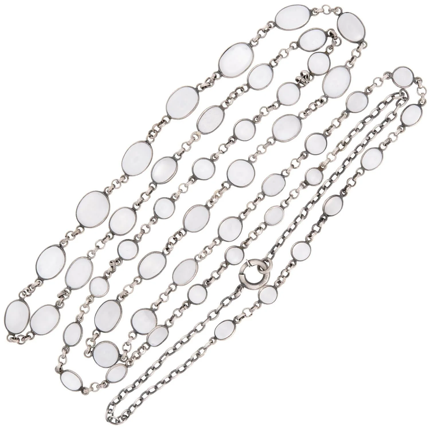 Art Nouveau Sterling Silver Moonstone Link Necklace 36"