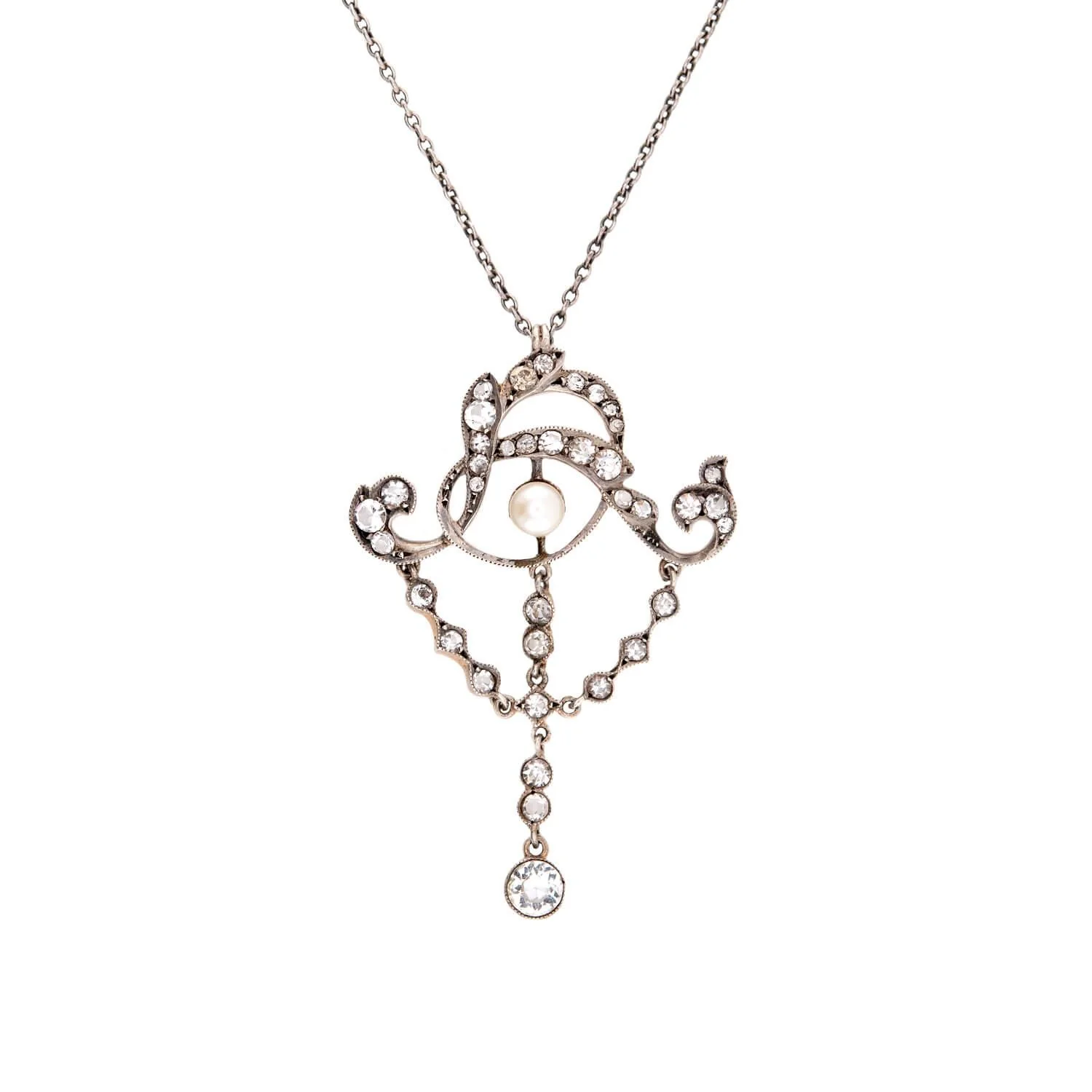 Art Nouveau Sterling Silver Paste and Pearl Lavalier Necklace