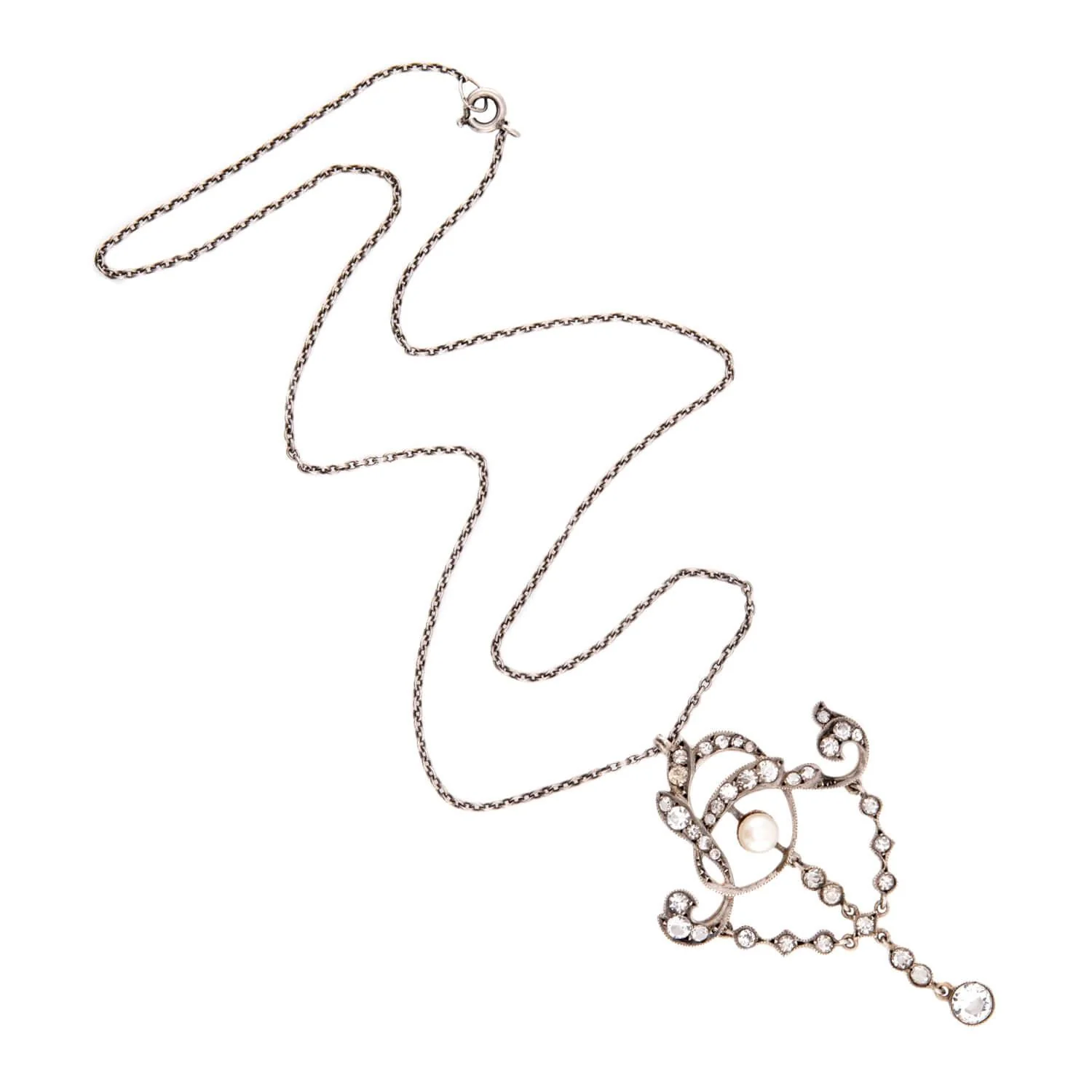 Art Nouveau Sterling Silver Paste and Pearl Lavalier Necklace - Image 2