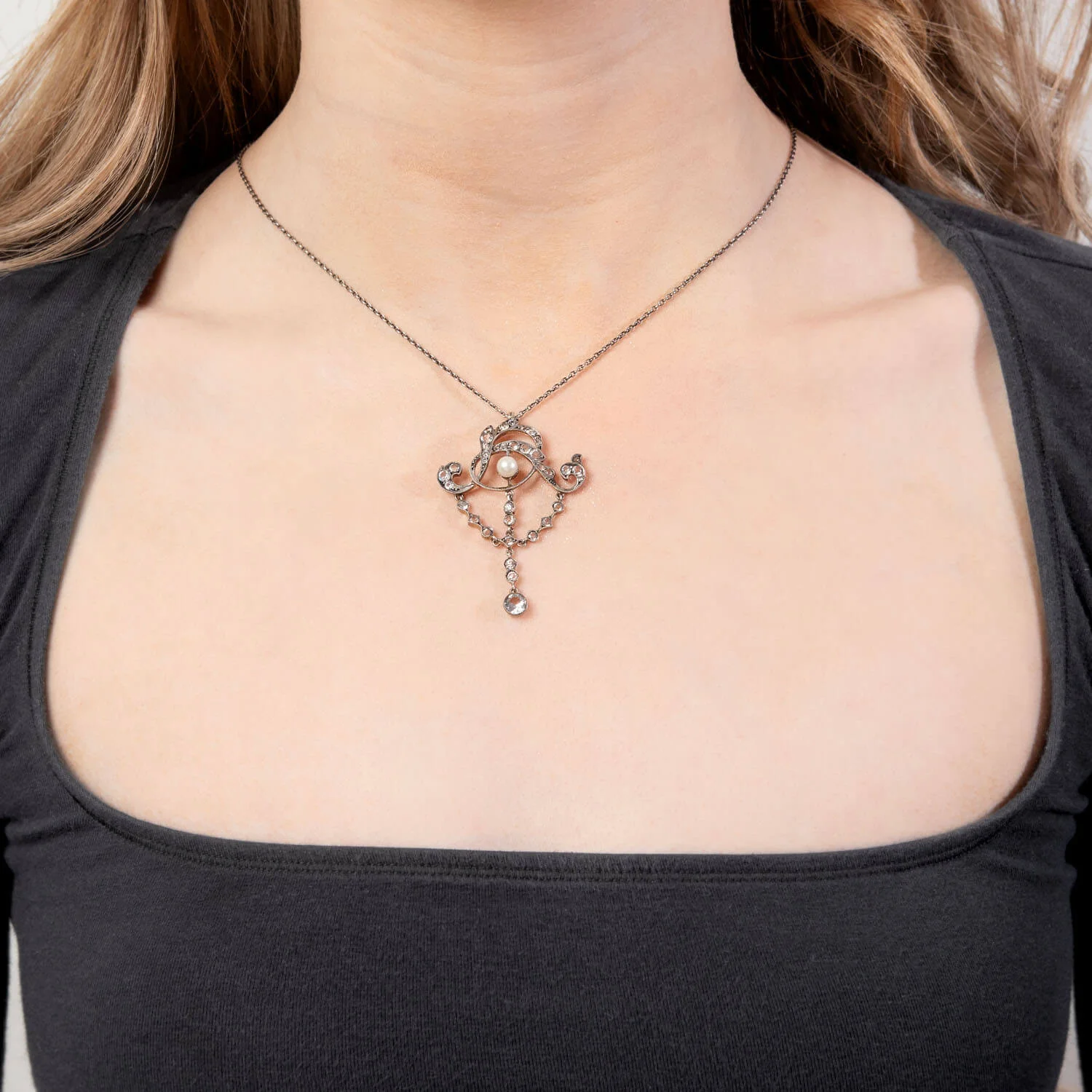 Art Nouveau Sterling Silver Paste and Pearl Lavalier Necklace - Image 6