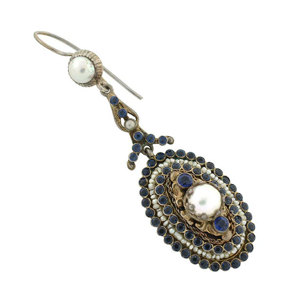 Arts & Crafts Era Austro-Hungarian Sterling Gilt Faux Sapphire & Pearl Earrings - Image 2