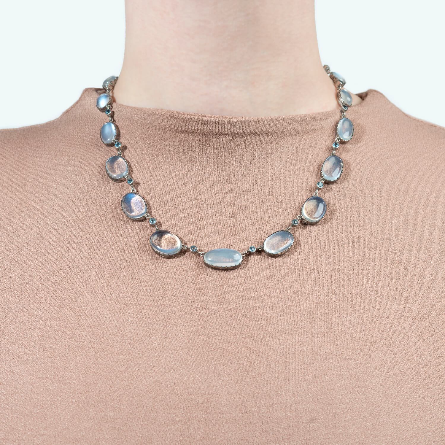 Arts & Crafts Sterling Moonstone Zircon Festoon Necklace - Image 7