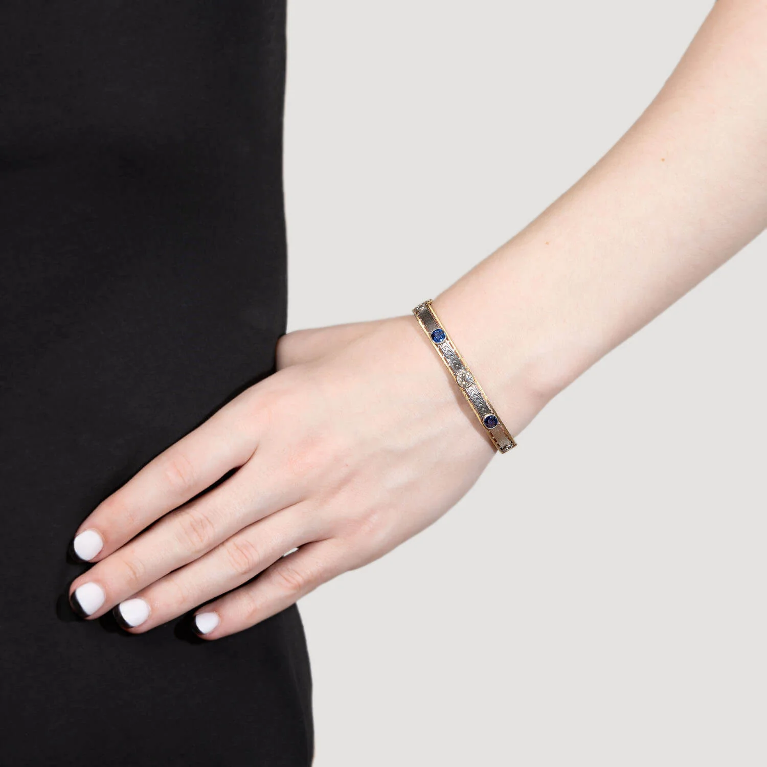 Edwardian Krementz 14k/Platinum Diamond & Sapphire Bangle Bracelet - Image 8