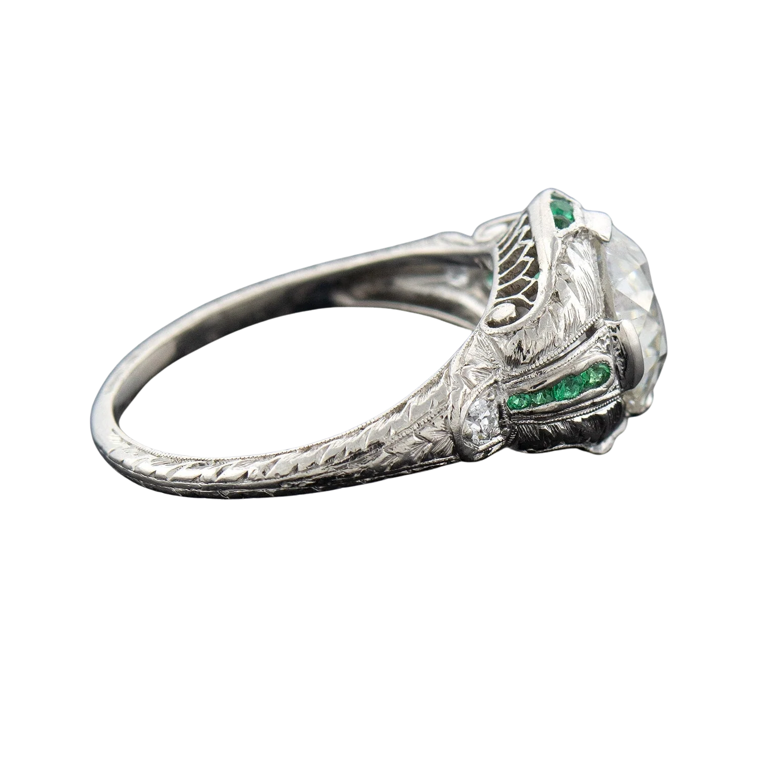 Art Deco Platinum Diamond + Emerald Engagement Ring 2.36ctw Center - Image 3