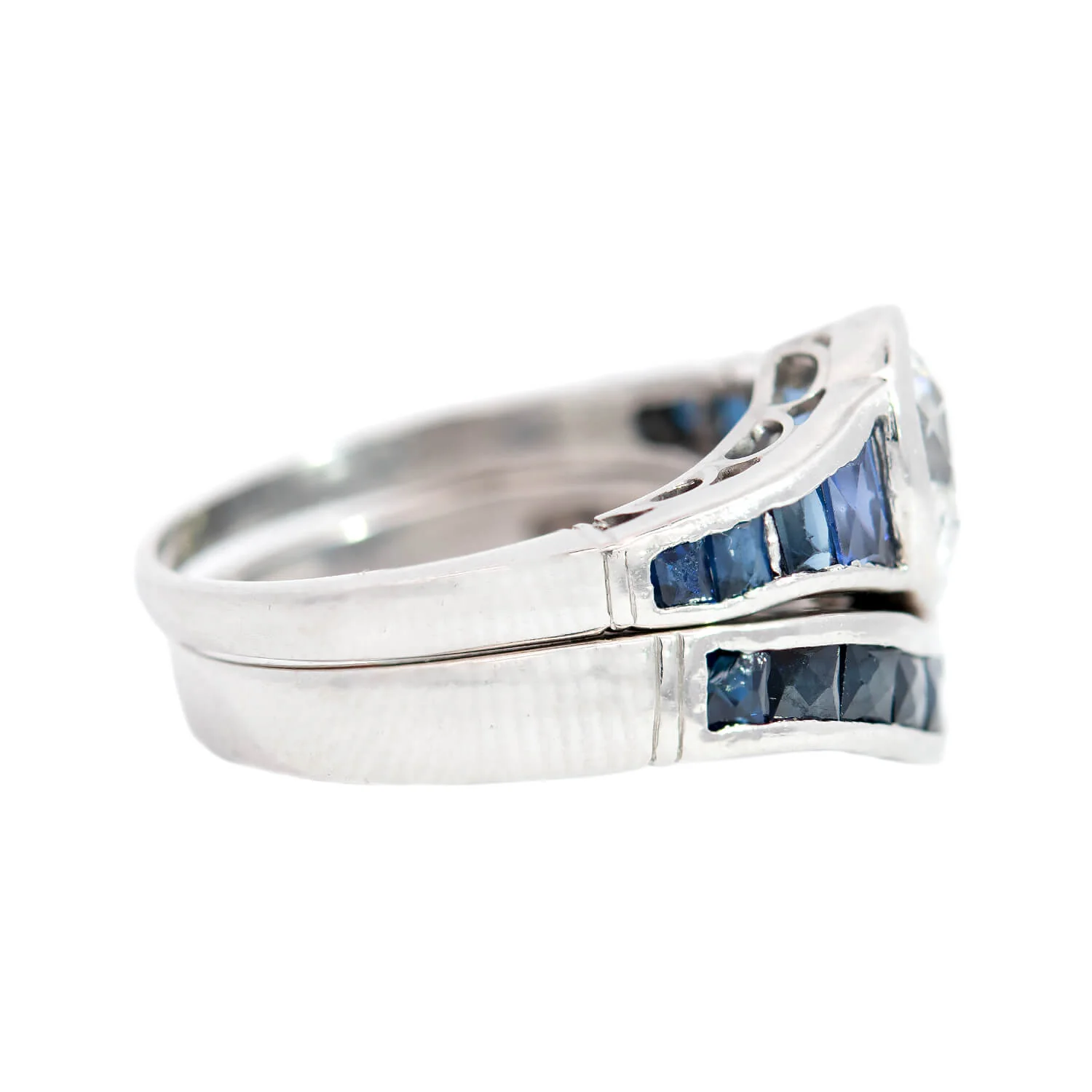 Art Deco Style Platinum Diamond + French Cut Sapphire Engagement Ring Set 1.53ct - Image 3