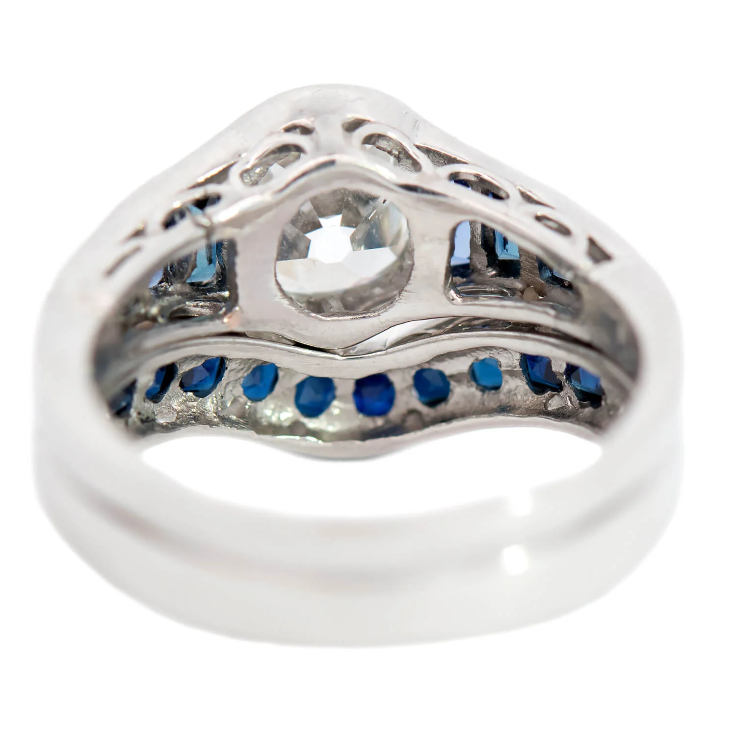 Art Deco Style Platinum Diamond + French Cut Sapphire Engagement Ring Set 1.53ct - Image 5