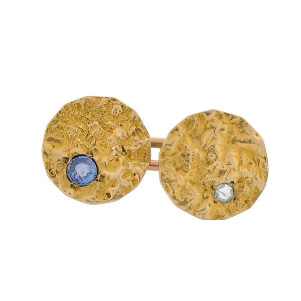 Edwardian 14kt Textured Gold Diamond & Sapphire Cufflinks - Image 3