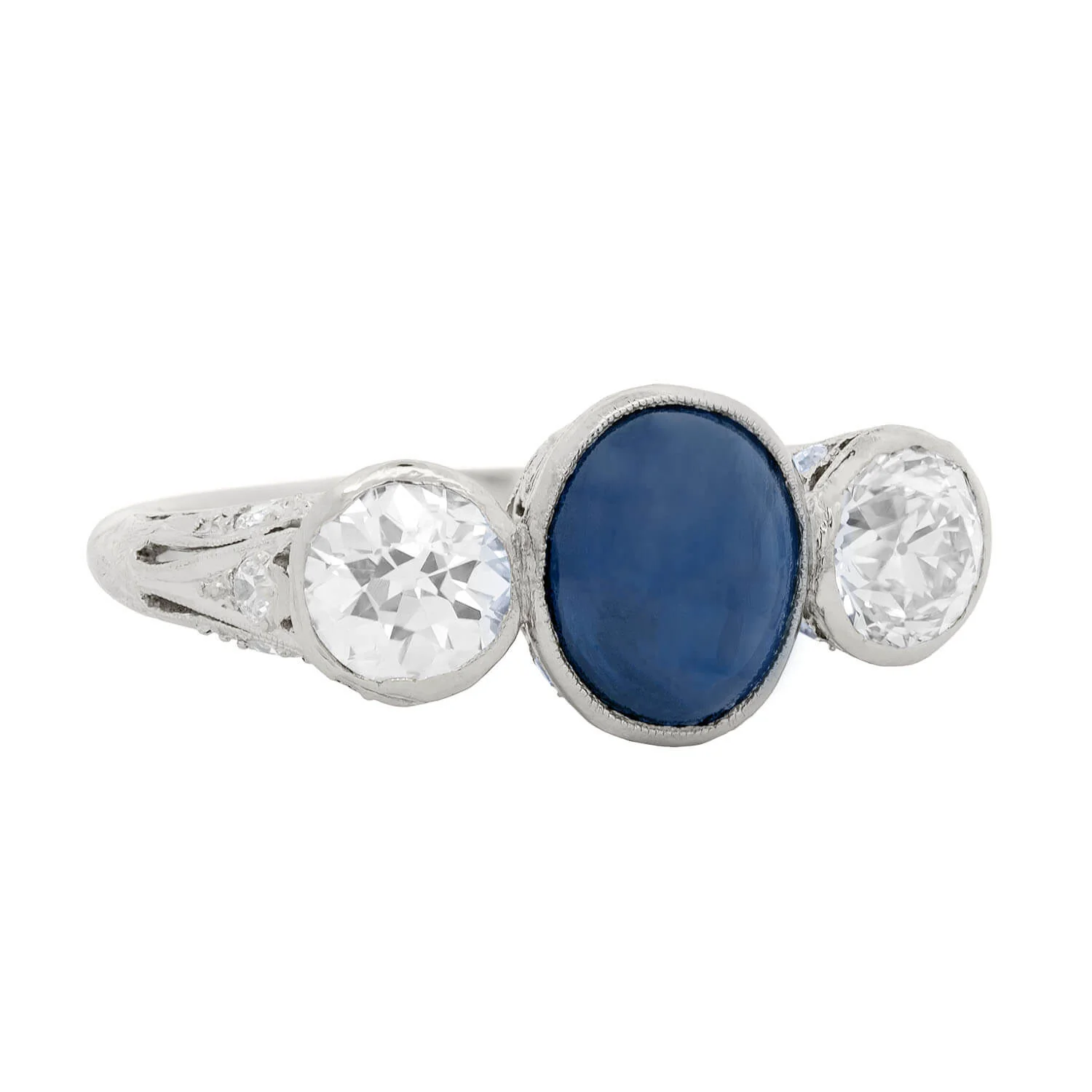 Edwardian 3 Stone Platinum 1.50ct Sapphire & 1ctw Mine Cut Diamond Stone Ring - Image 2