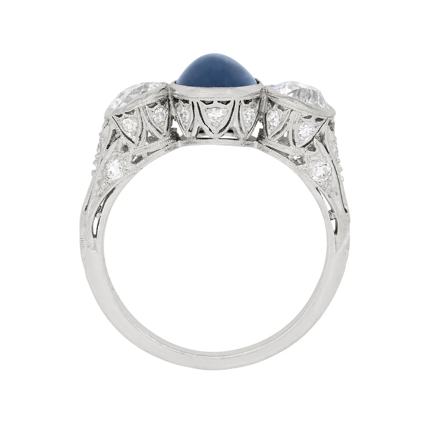 Edwardian 3 Stone Platinum 1.50ct Sapphire & 1ctw Mine Cut Diamond Stone Ring - Image 3