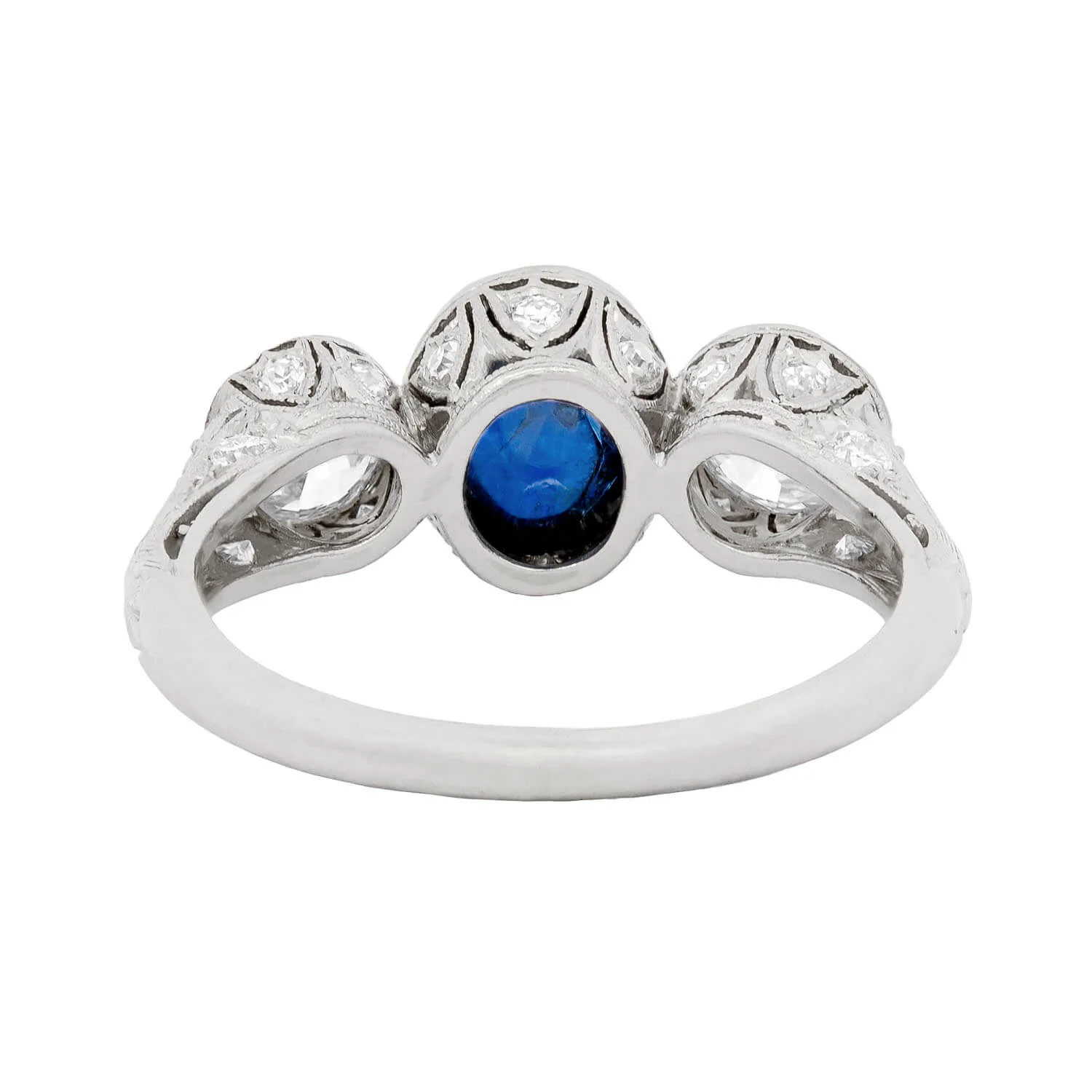 Edwardian 3 Stone Platinum 1.50ct Sapphire & 1ctw Mine Cut Diamond Stone Ring - Image 5