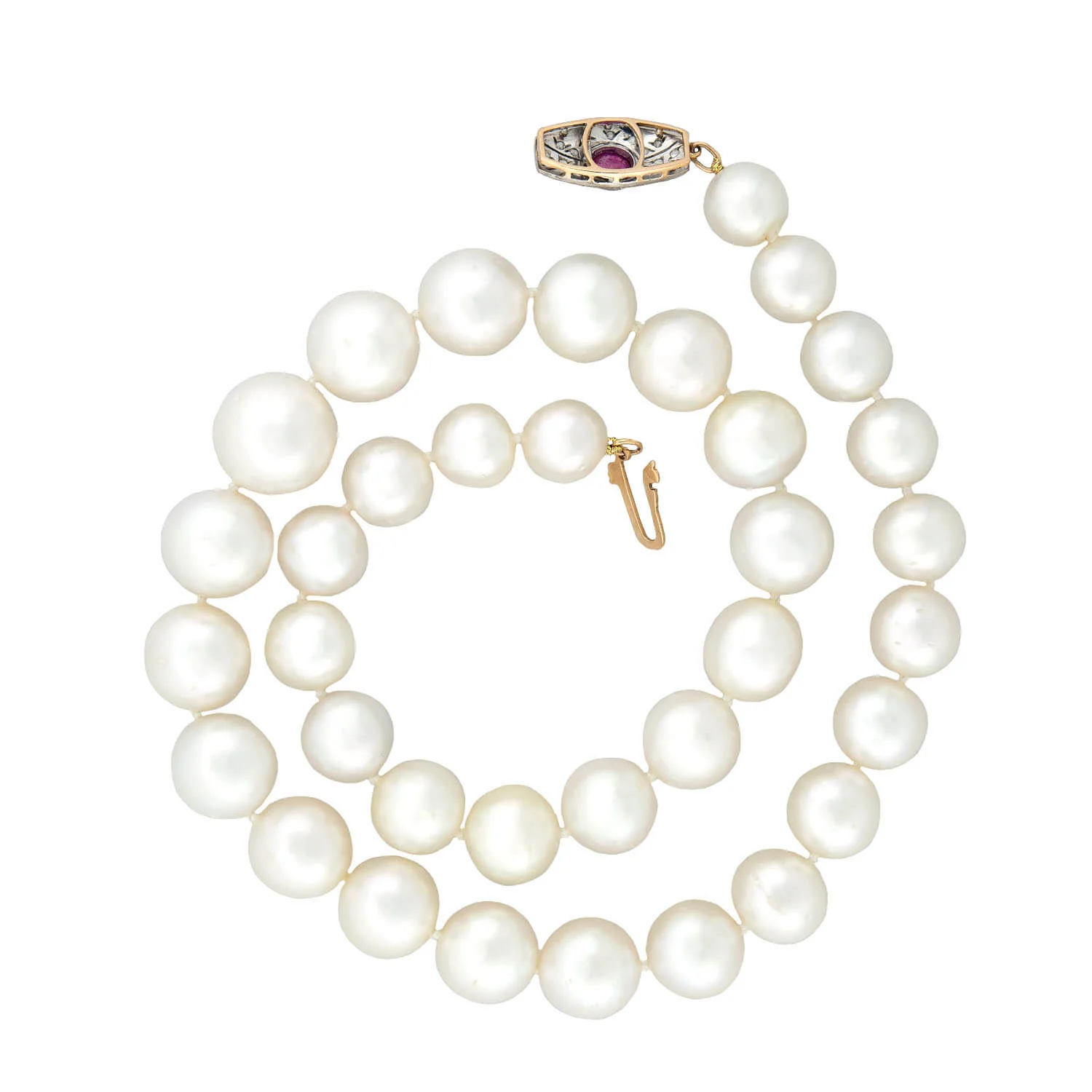 Edwardian South Sea Pearl Necklace with Diamond + Ruby Clasp - Image 3