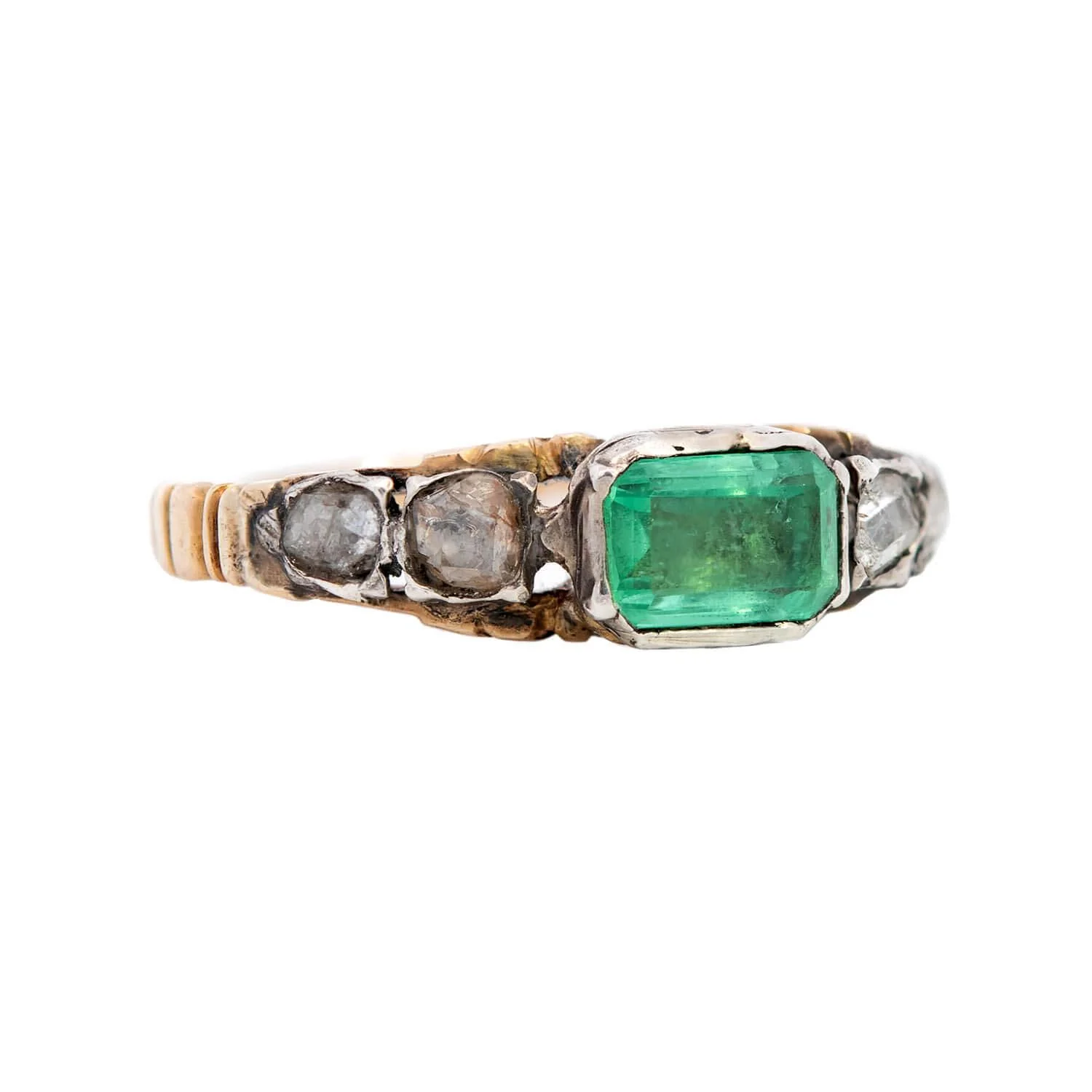 Georgian 18k/Sterling Silver Emerald and Rose Cut Diamond Engagement Ring - Image 2