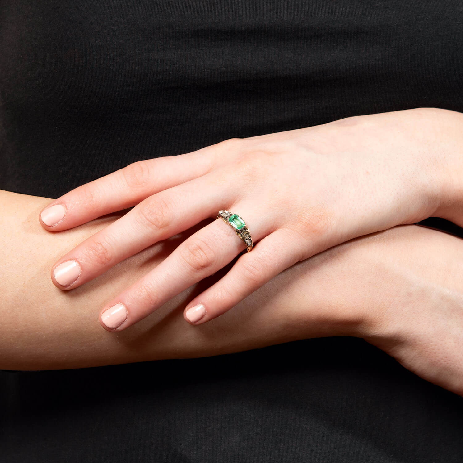Georgian 18k/Sterling Silver Emerald and Rose Cut Diamond Engagement Ring - Image 6