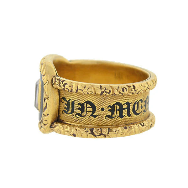 Georgian 18kt Enameled Glass Window Repousse Mourning Ring - Image 2