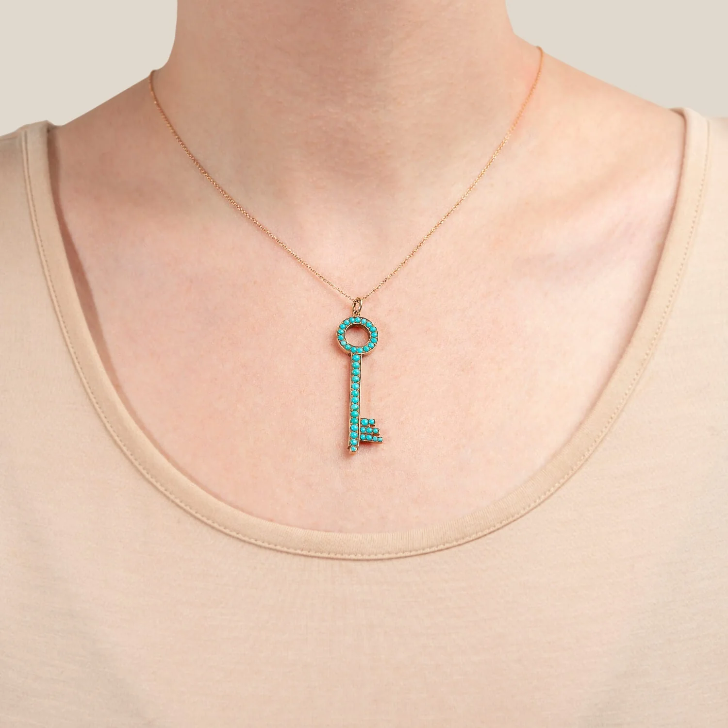Victorian 14kt Rose Gold + Persian Turquoise Key Pendant Necklace - Image 6