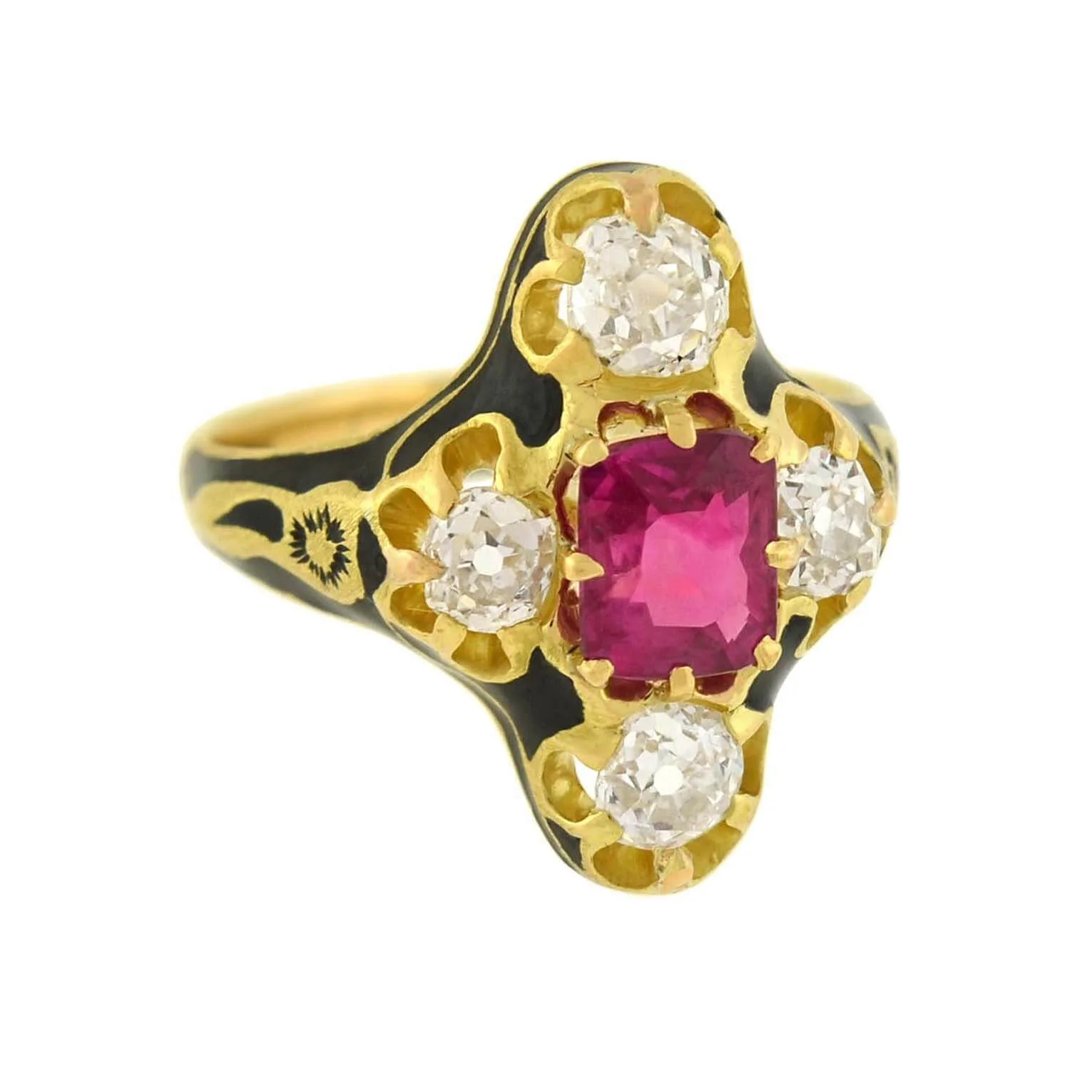 Victorian 18kt Natural No Heat Burma Ruby + Diamond Enamel Ring