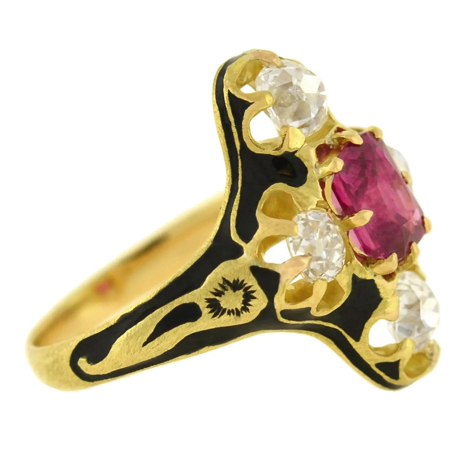 Victorian 18kt Natural No Heat Burma Ruby + Diamond Enamel Ring - Image 2