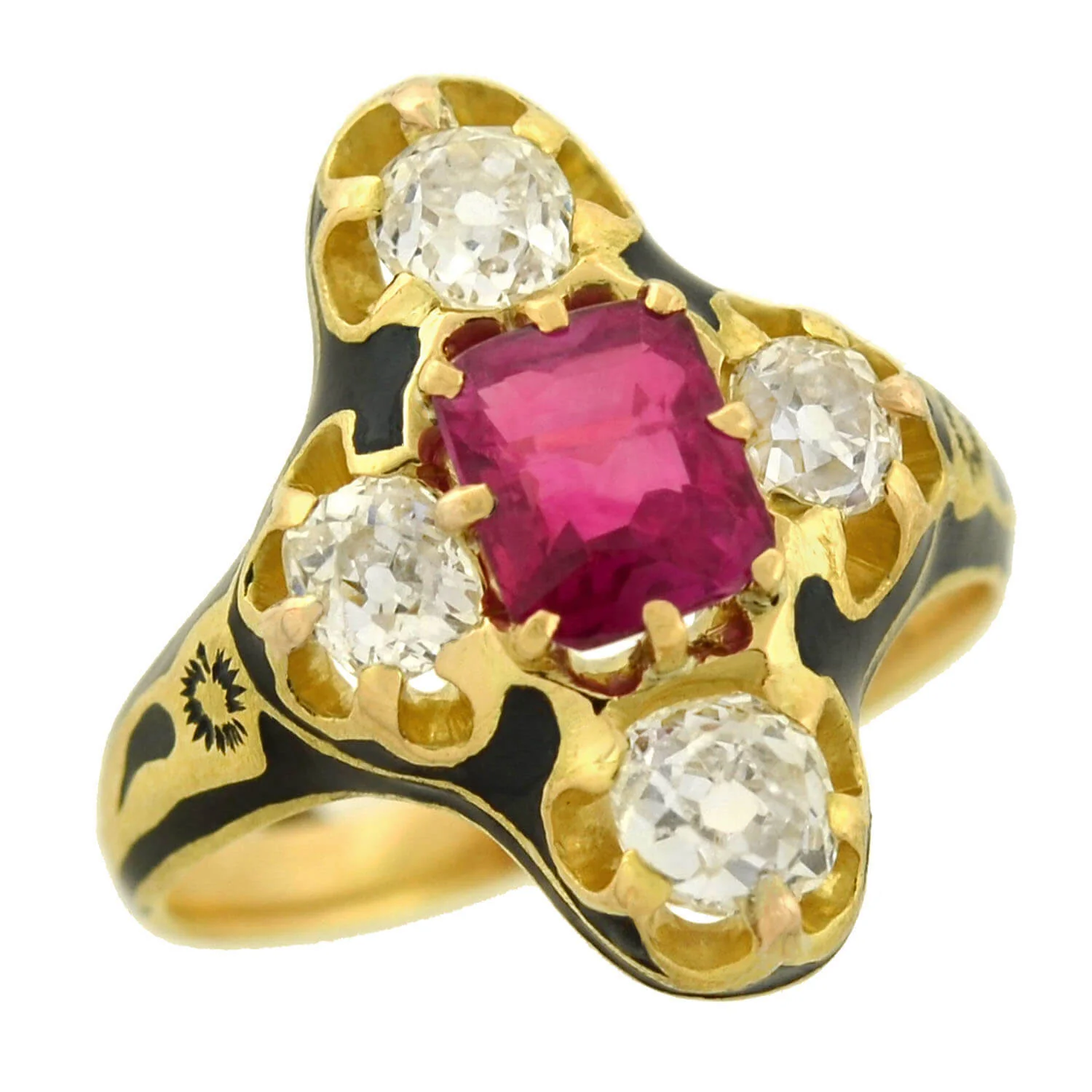 Victorian 18kt Natural No Heat Burma Ruby + Diamond Enamel Ring - Image 4