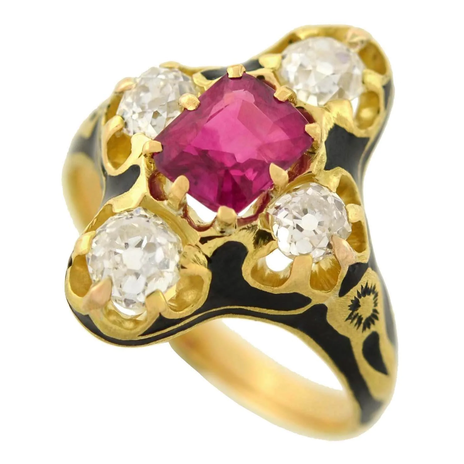 Victorian 18kt Natural No Heat Burma Ruby + Diamond Enamel Ring - Image 5