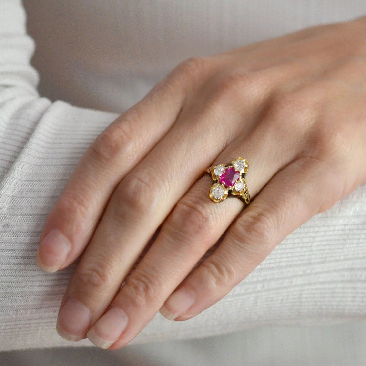 Victorian 18kt Natural No Heat Burma Ruby + Diamond Enamel Ring - Image 7