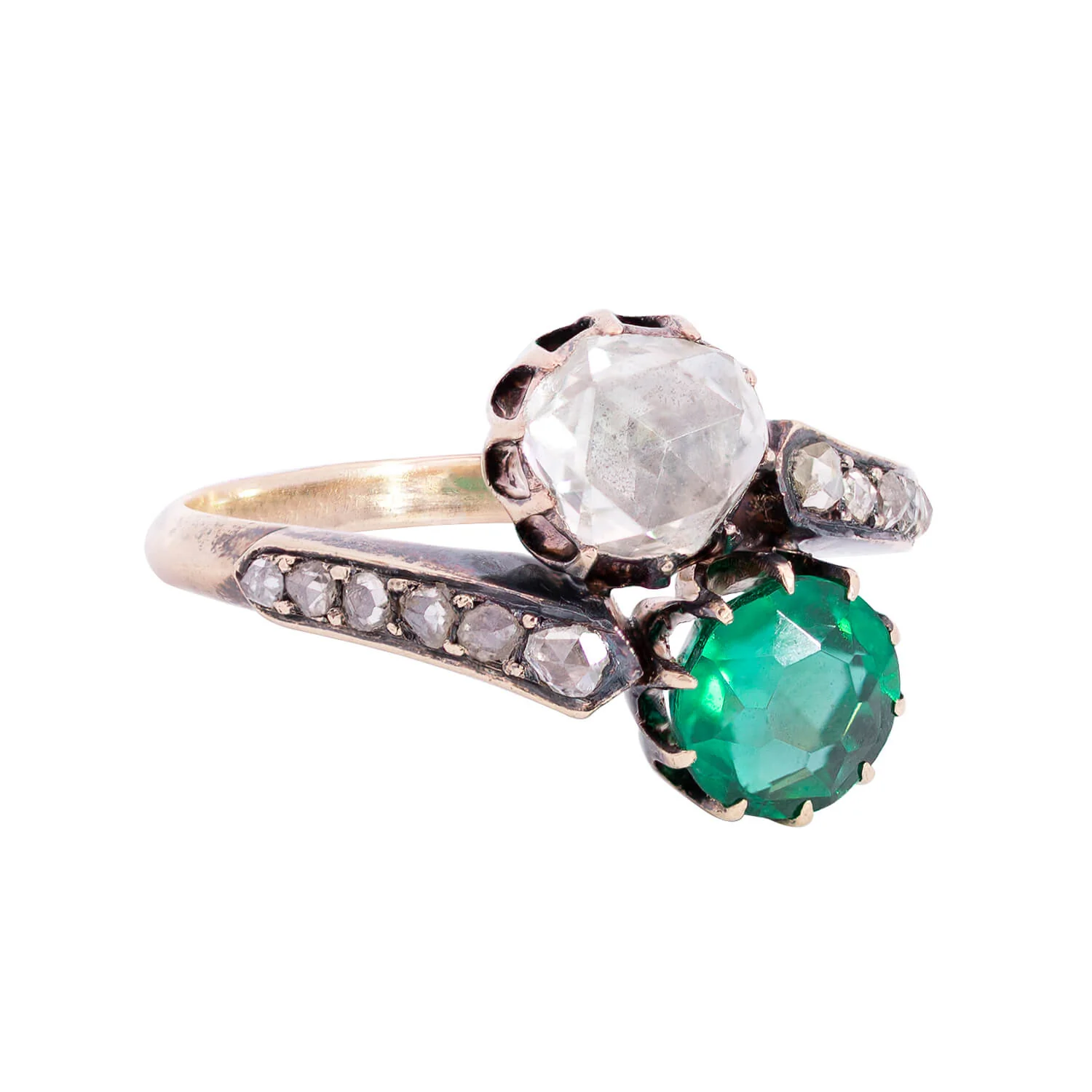 Victorian 18kt/Sterling Diamond + Emerald Moi et Toi Bypass Ring - Image 2