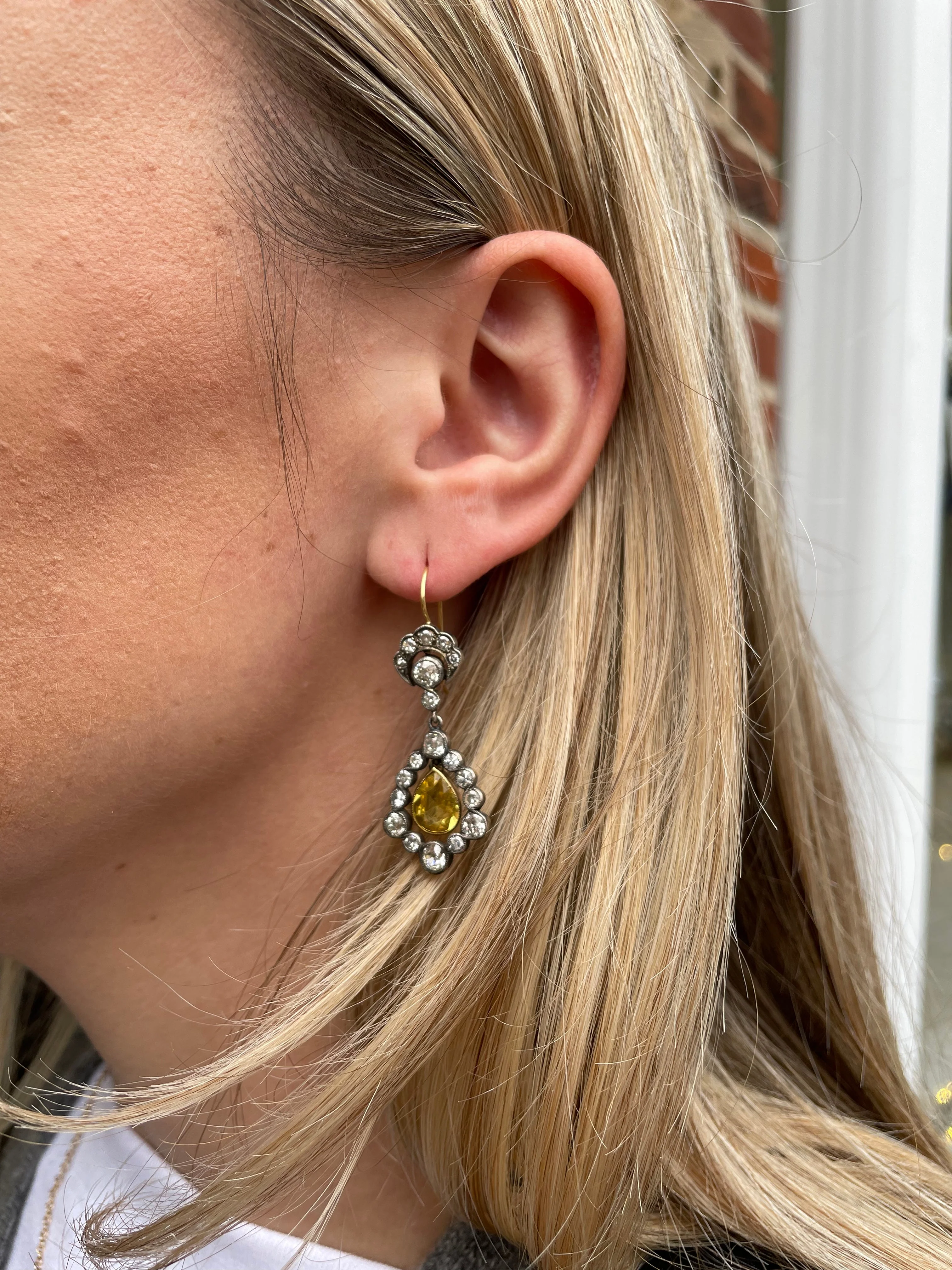 Victorian 18kt/Sterling No Heat Ceylon Yellow Sapphire 2.25ctw + Diamond Dangle Earrings 3.5ctw - Image 5