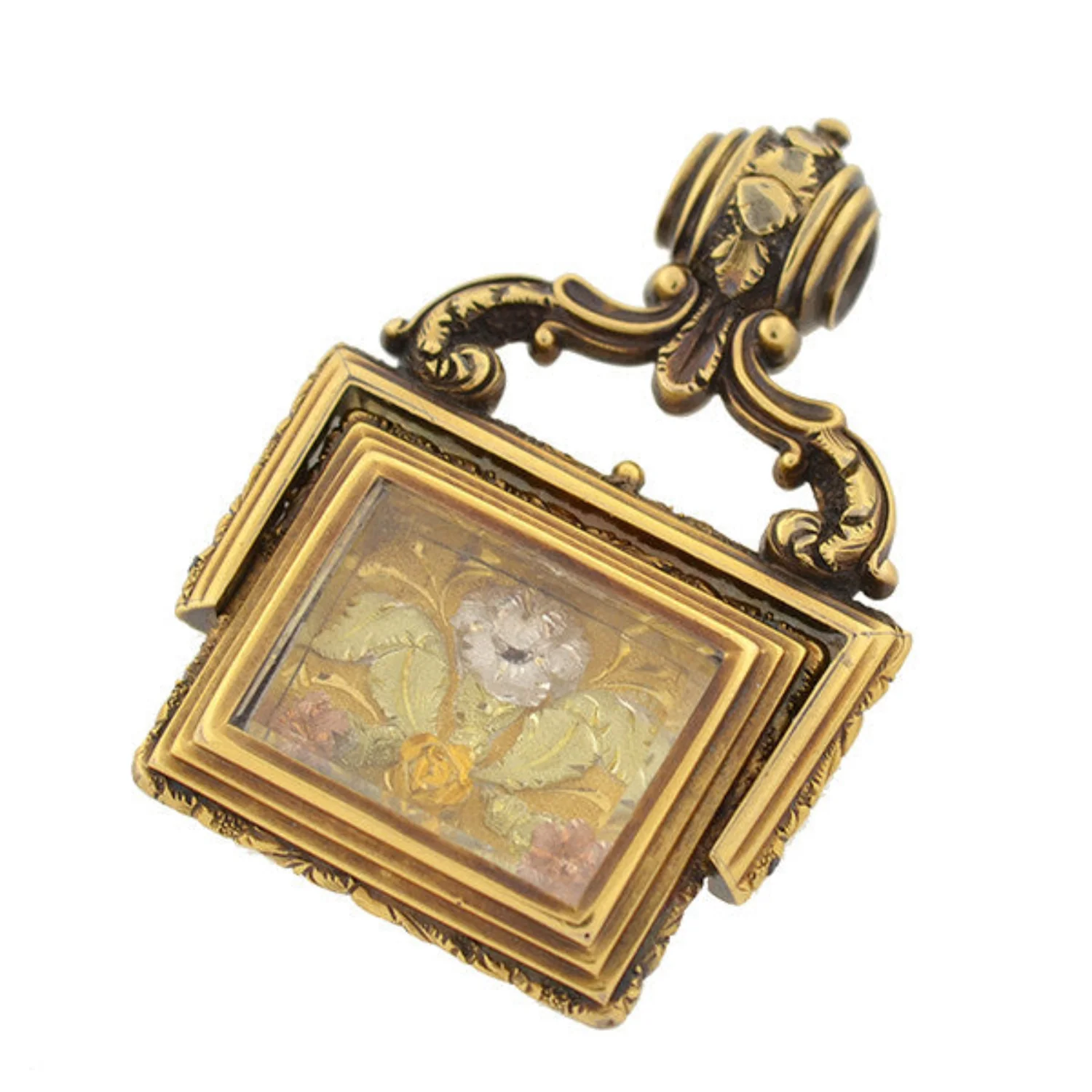 Victorian Rare 14kt Mixed Metals + Agate "Floral Motif" Spinner Fob - Image 2