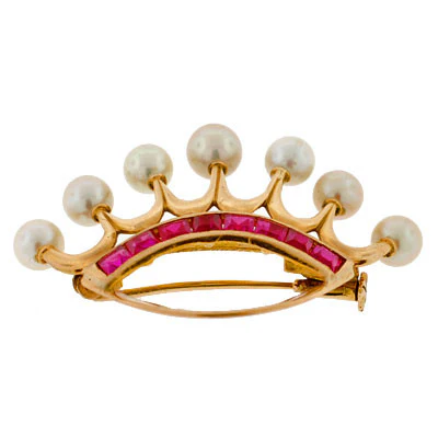 Early Retro 14kt Yellow Gold Ruby & Pearl Crown Pin - Image 5