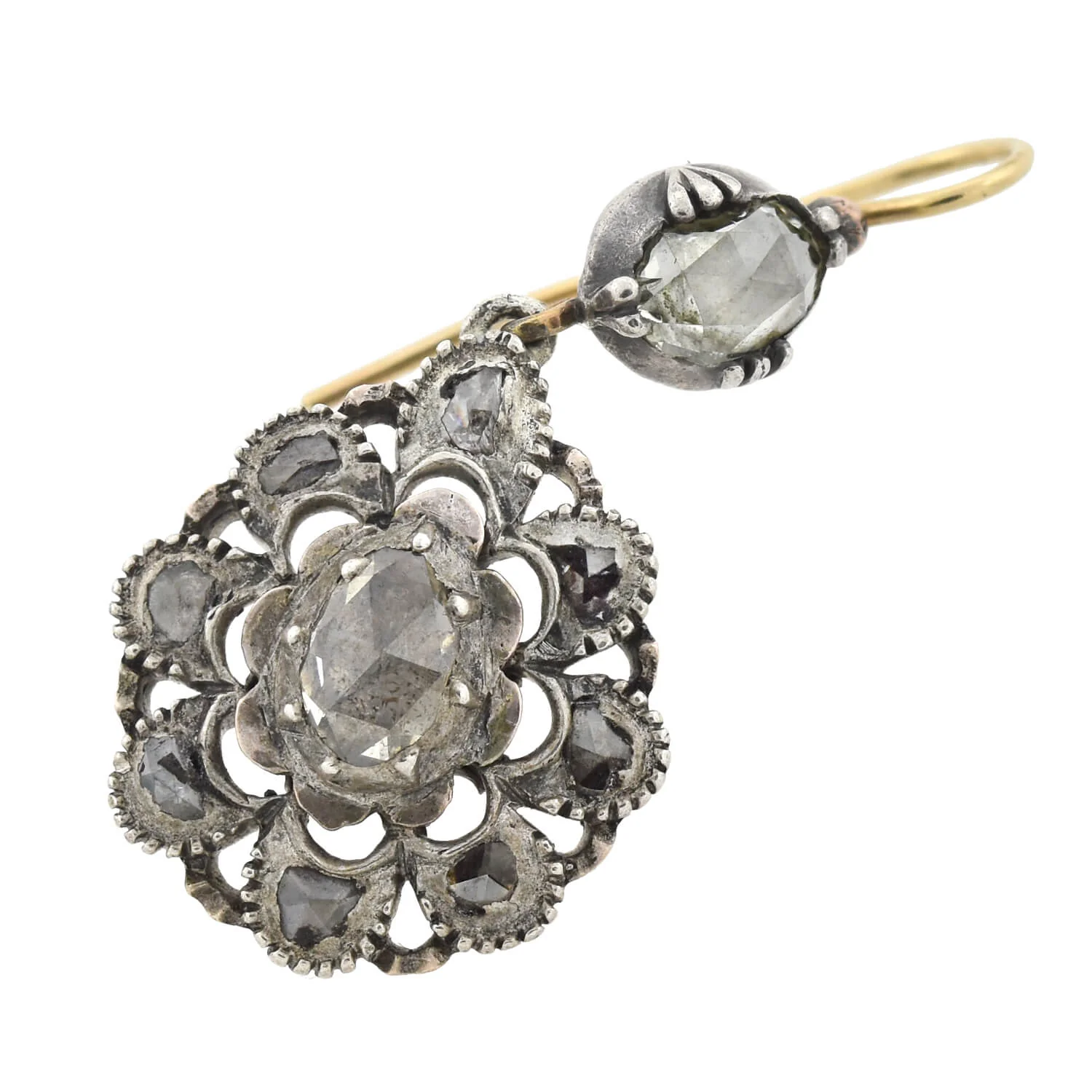 Early Victorian 14kt/Sterling Old Rose Cut Diamond Earrings 1.60ctw - Image 4