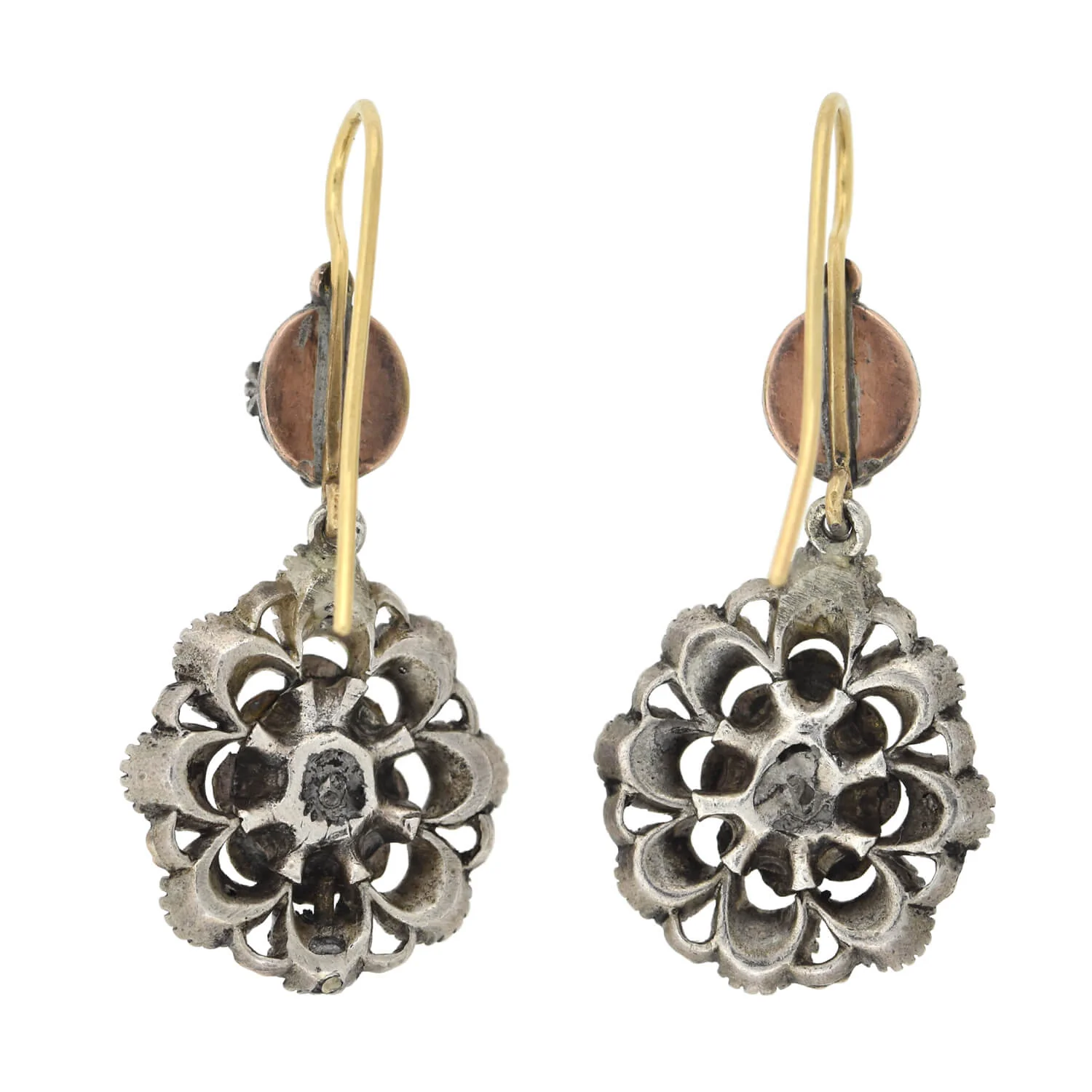 Early Victorian 14kt/Sterling Old Rose Cut Diamond Earrings 1.60ctw - Image 6