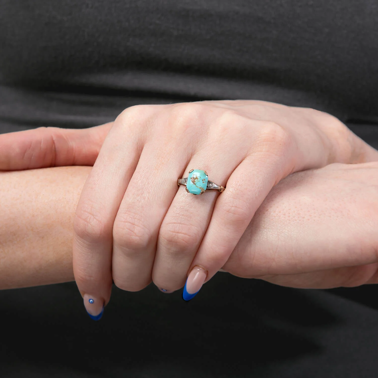 Edwardian 10k/Platinum Turquoise & Diamond Ring - Image 6