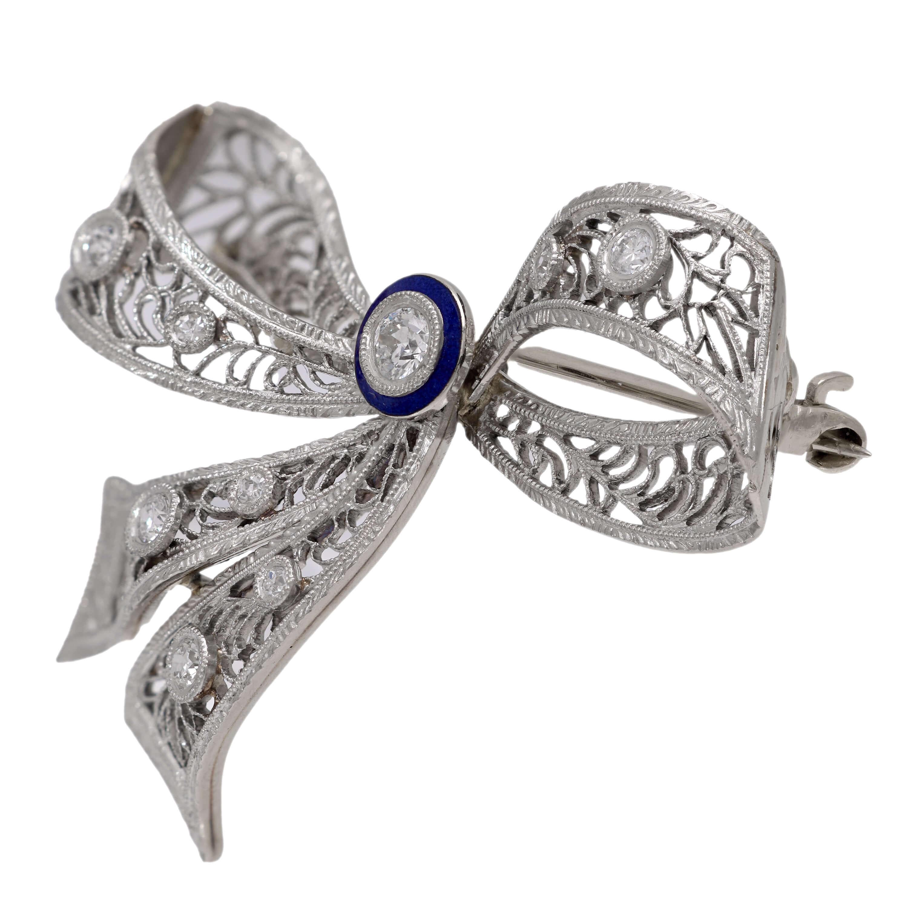 Edwardian 14k Diamond and Enamel Bow Pin - Image 2