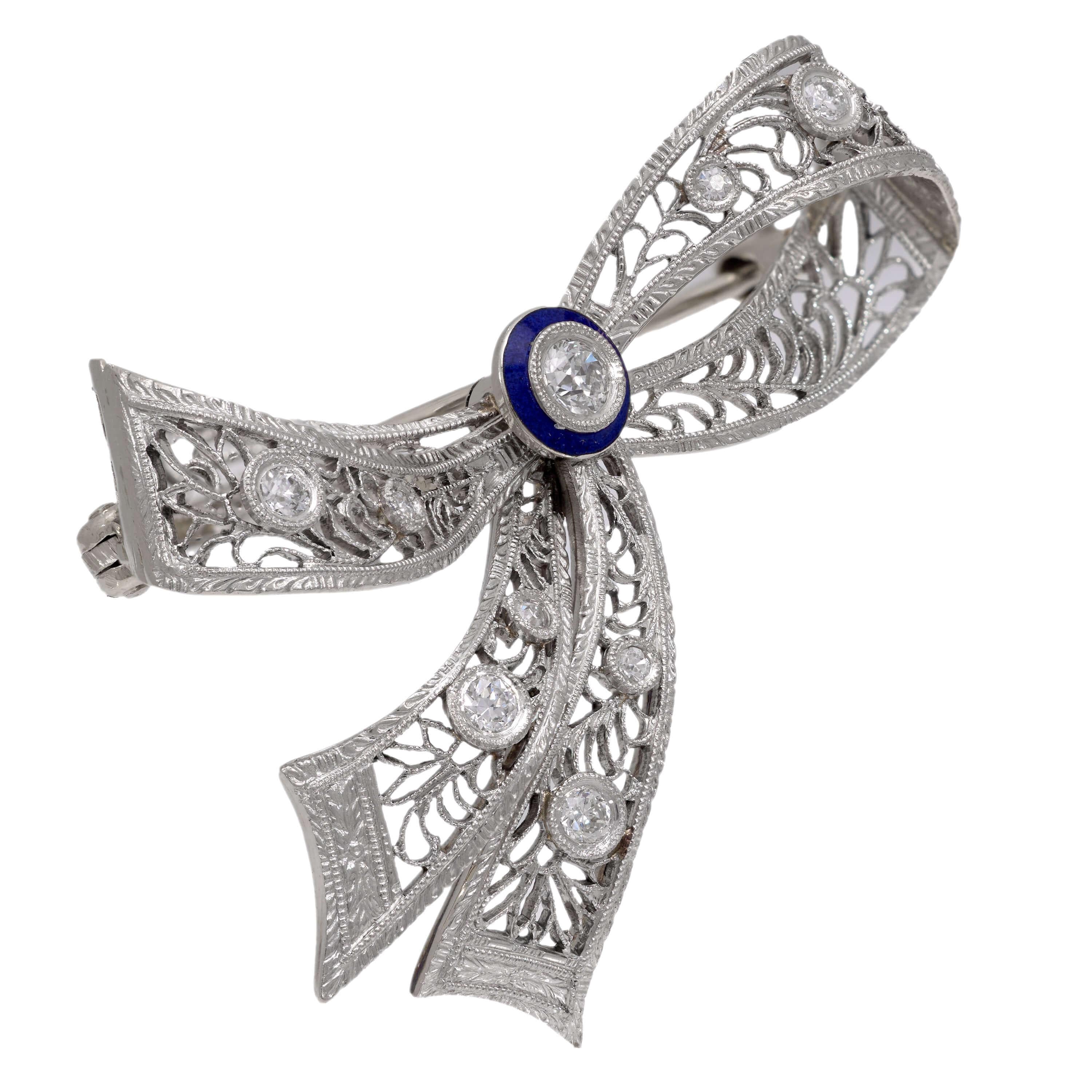 Edwardian 14k Diamond and Enamel Bow Pin - Image 3